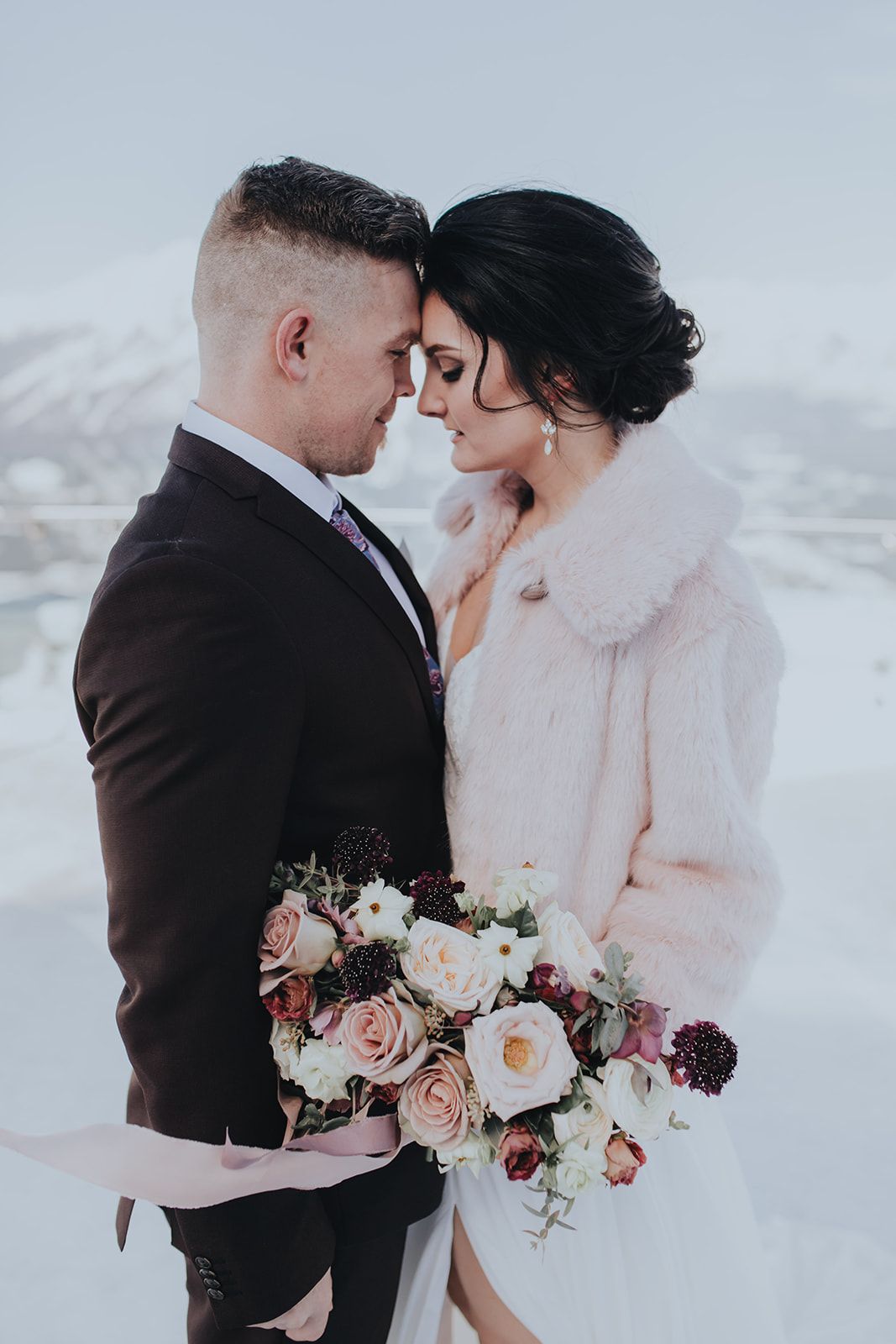 Banff Gondola, Rocky Mountain Wedding Inspiration, bride and groom, bridal bouquet