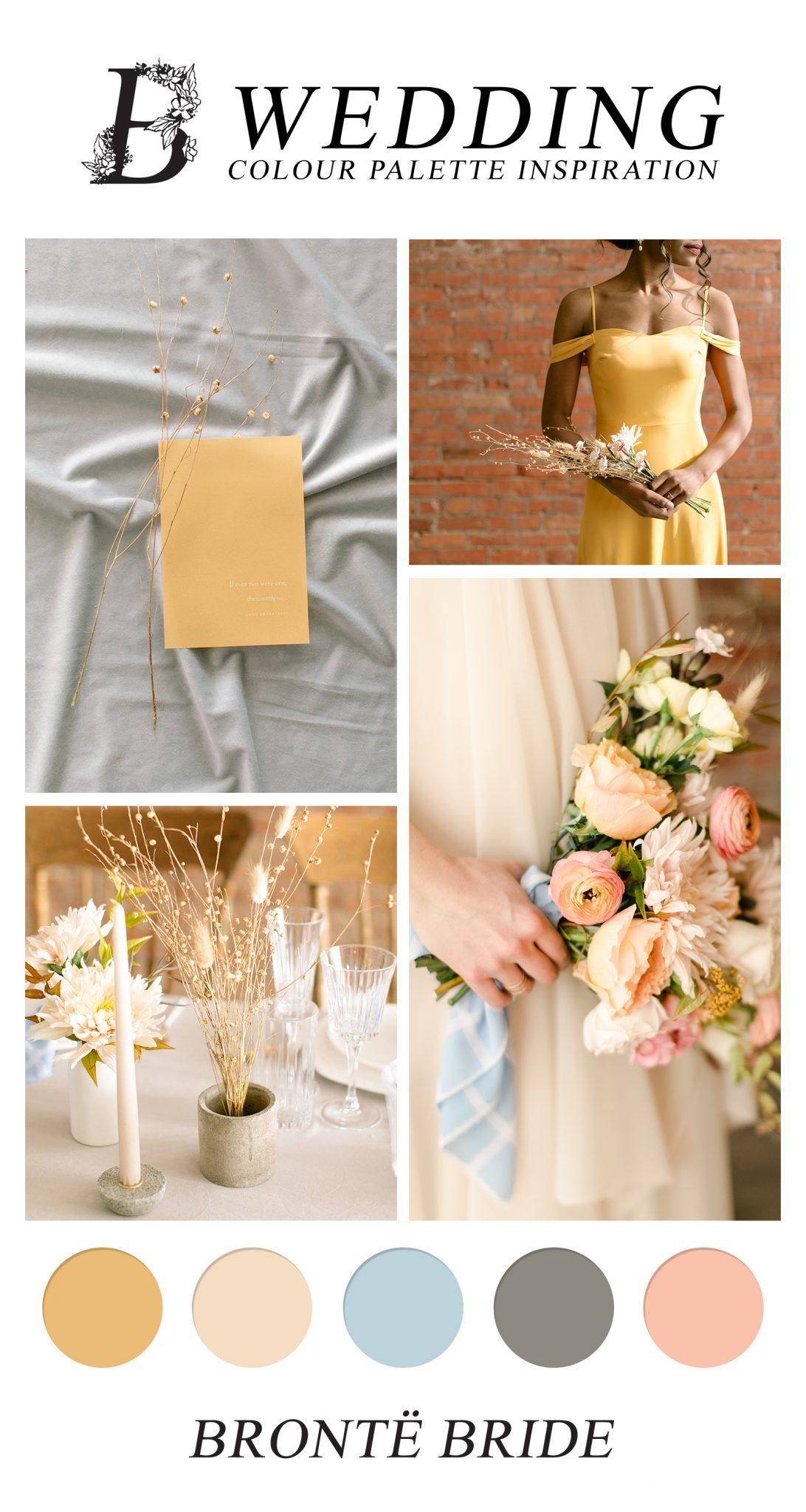 Modern Wedding Colour Palette Inspiration - on the Bronte Bride Blog, Yellow, mustard, pink wedding, blue, mustard