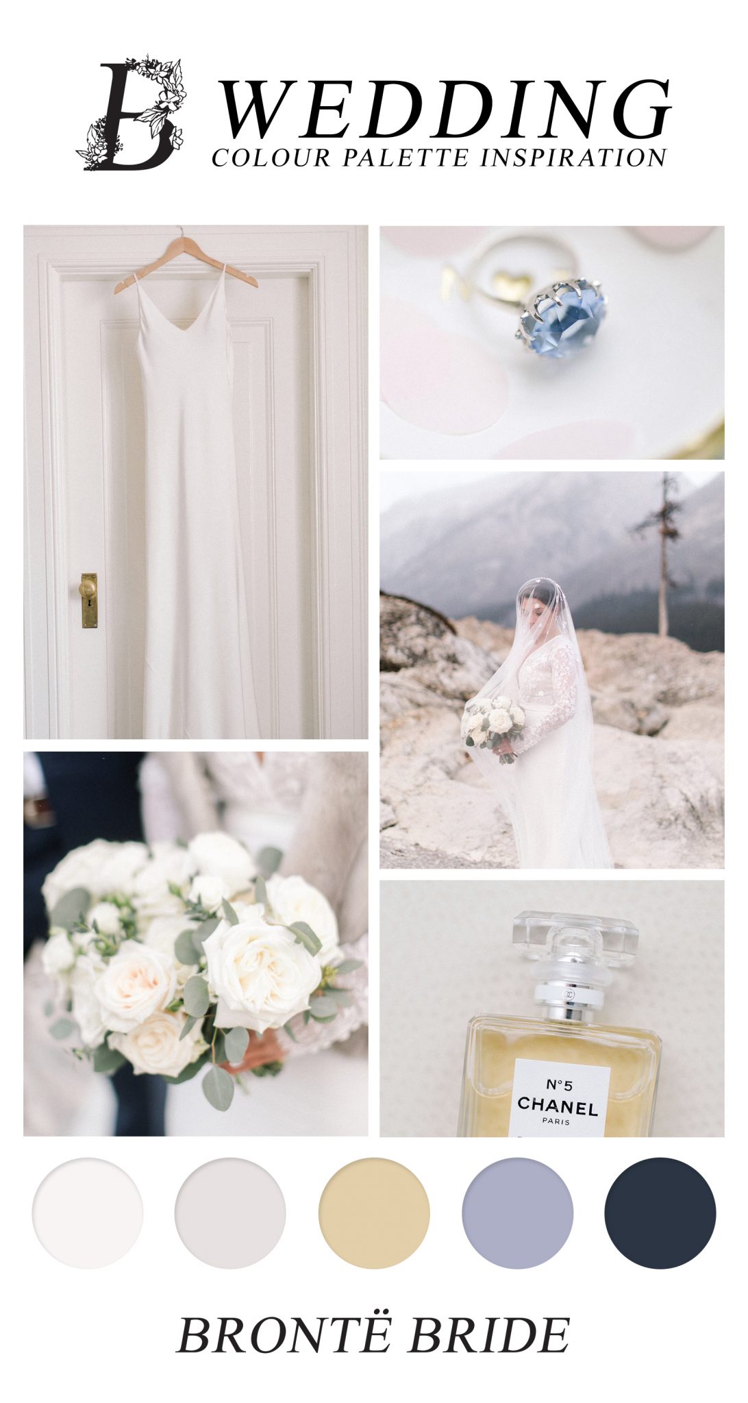 Modern Wedding Colour Palette Inspiration - Classic Elegance at Banff Springs Hotel, white and green bridal bouquet, wedding veil, wedding dress, blue engagement ring