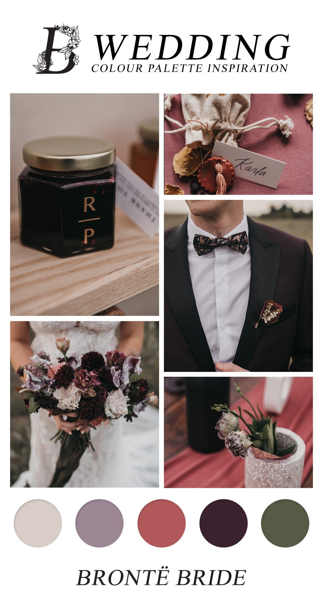 Modern Boho Wedding Colour Palette Inspiration - plum groom's tuxedo, plum and purple bouquet