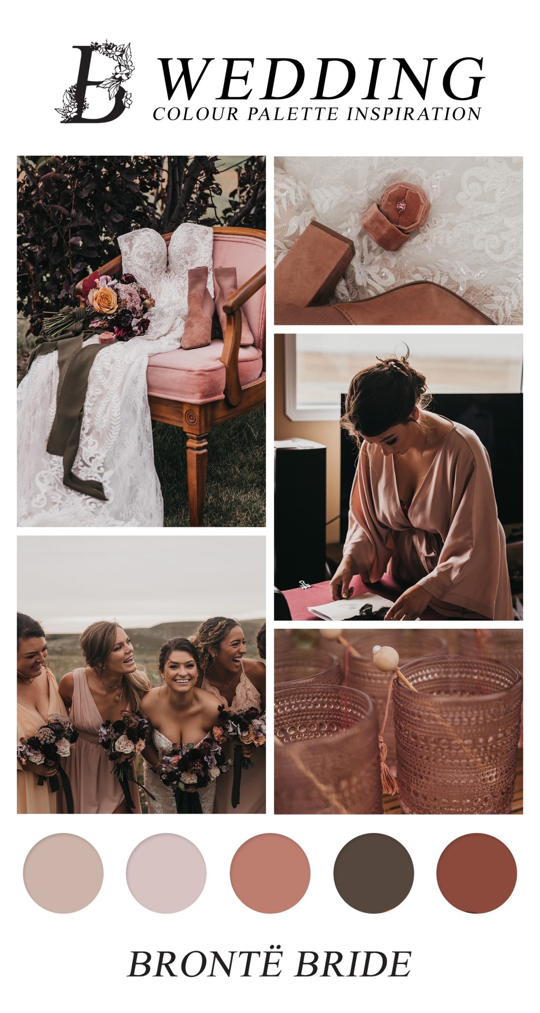 Modern Boho Wedding Colour Palette Inspiration - mauve, dusted rose, plum. bridal party, wedding bouquet