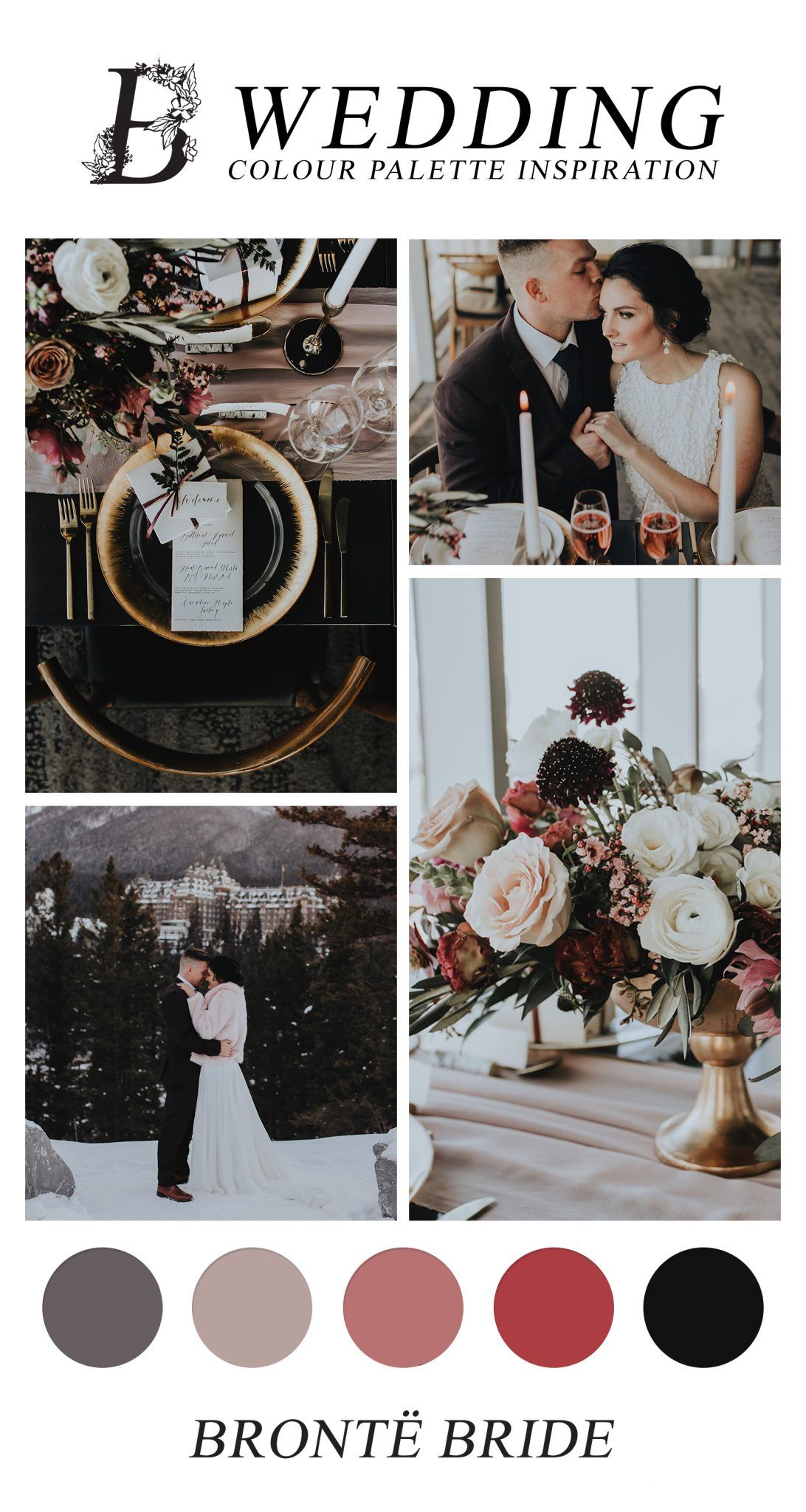 Modern Wedding Colour Palette Inspiration - Banff Sky Bistro Wedding, moody palette, red, fuschia, black, grey, taupe wedding