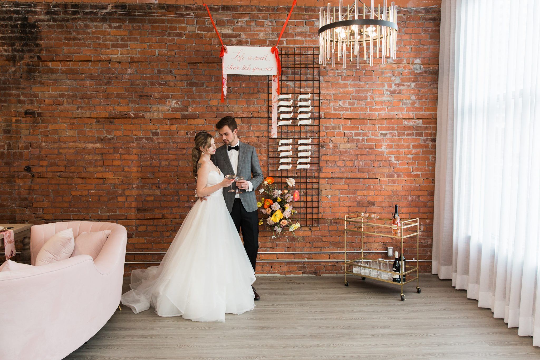 True to Hue Photography Workshop - Peach Wedding Inspiration - seating chart installation, bride and groom style, bar cart, calgary wedding