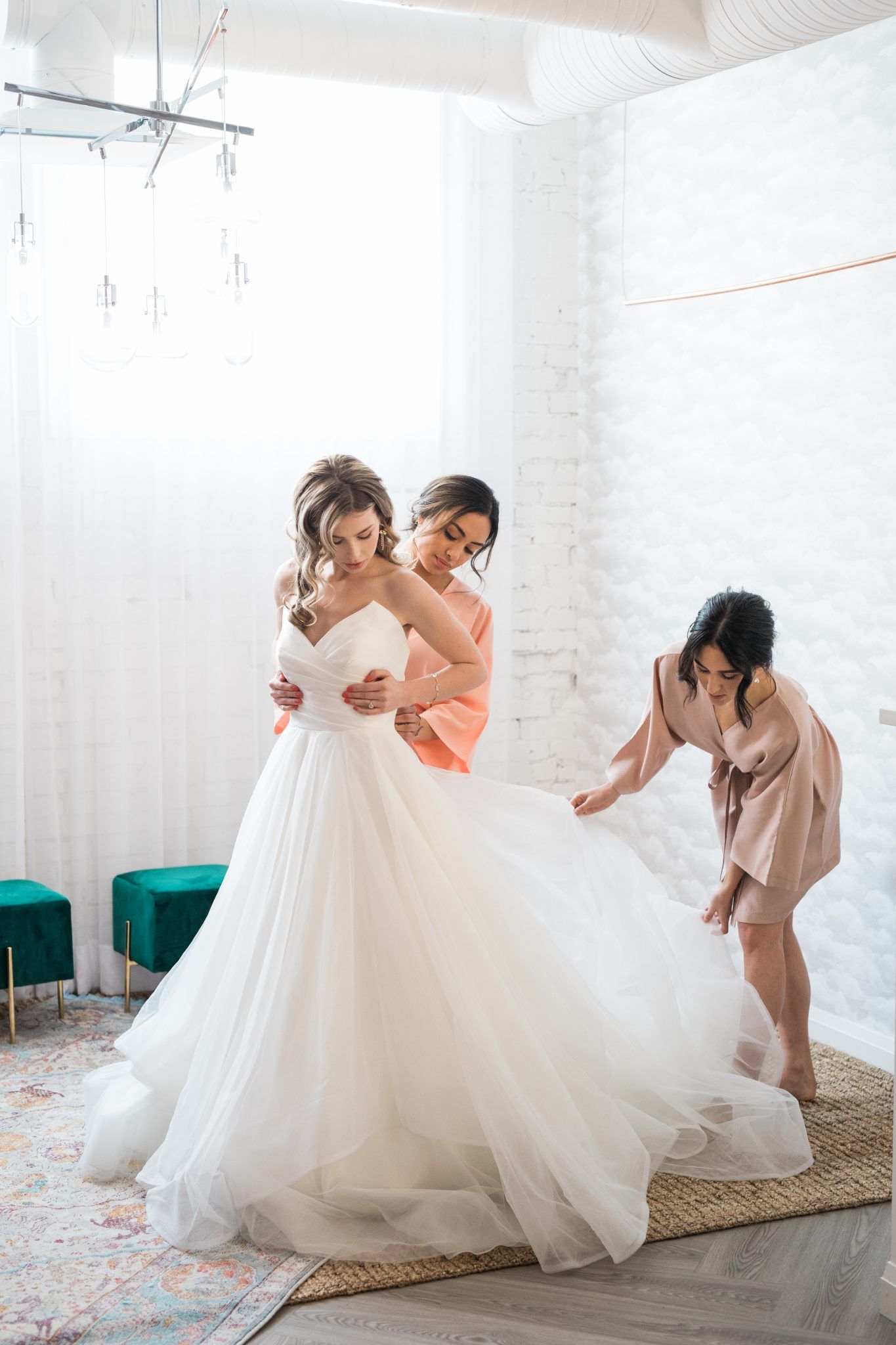 True to Hue: Peach Wedding Inspiration - Calgary Wedding Venue, Bridal Robes, Getting Ready, Bride Getting Dressed, bridal suite