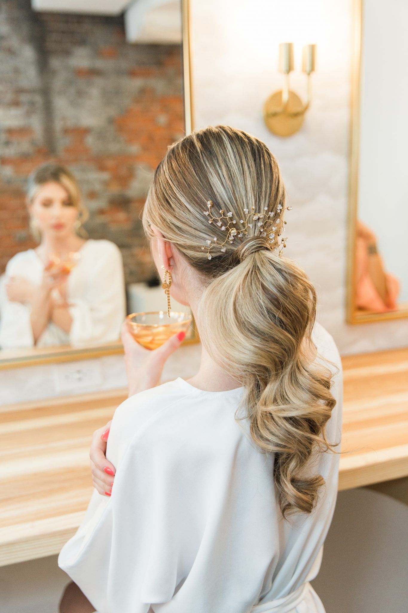 True to Hue: Peach Wedding Inspiration - Calgary Wedding Venue, Bridal Gown, Bride Portraits, Ponytail Hairstyle, Bridal Pony