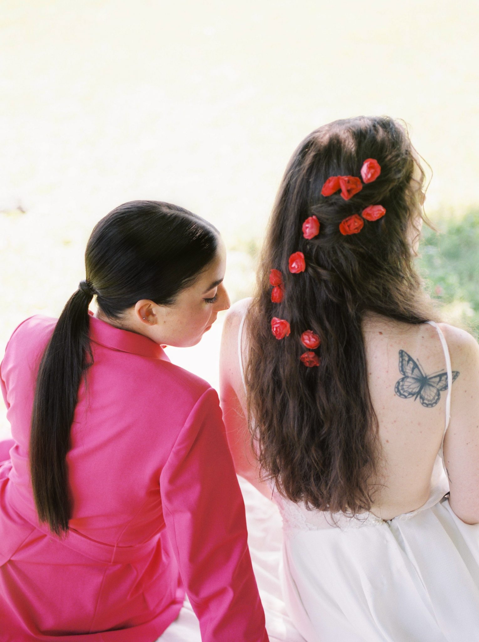 Valentine's Day Inspiration, butterfly tattoo, hot pink suit