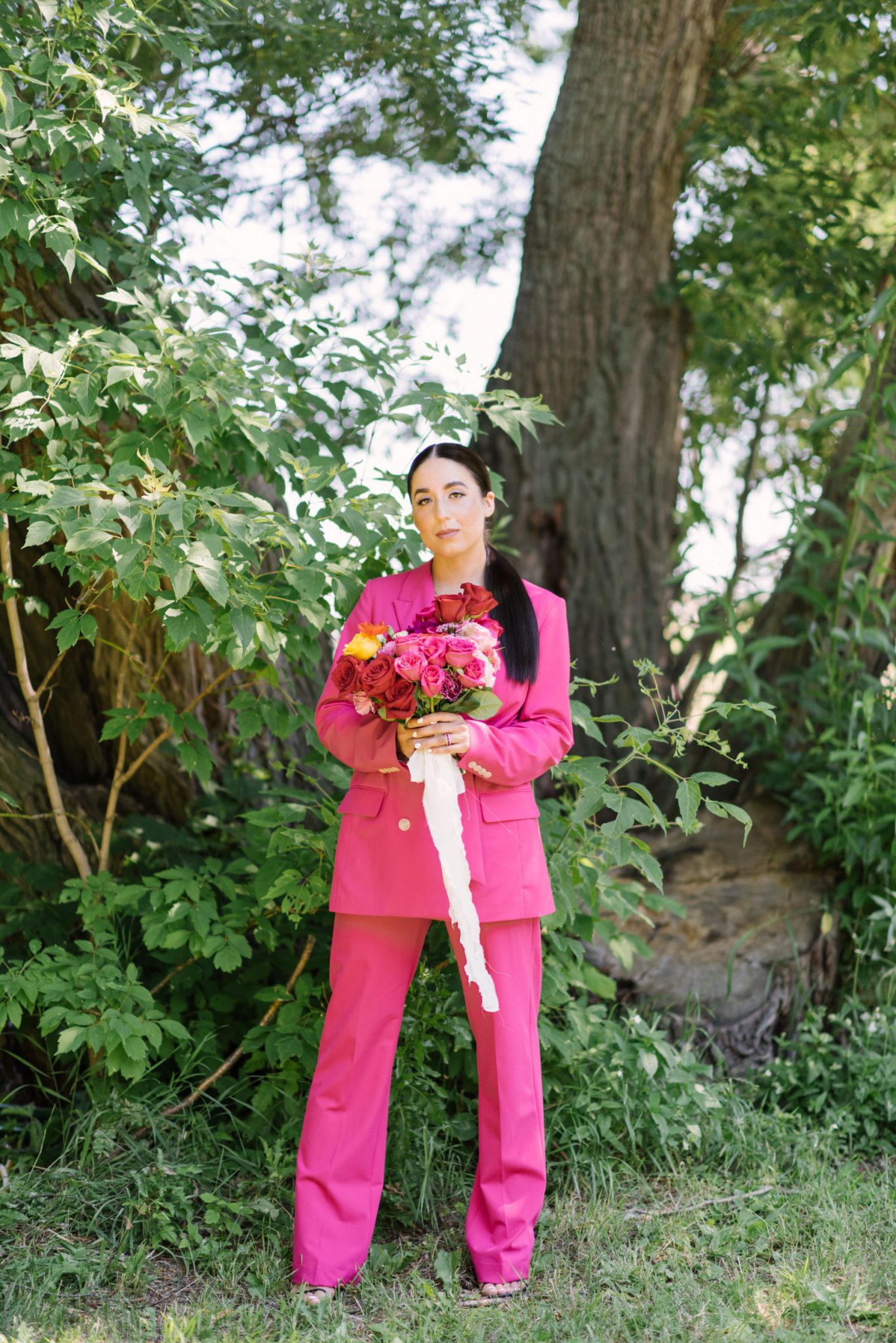 Valentine's Day Inspiration, hot pink suit, roses