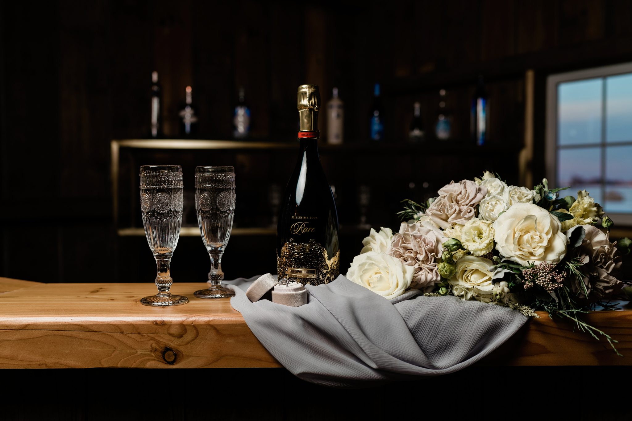 Wedding Bar Inspiration - on the Brontë Bride Blog, Wedding Champagne, White and Pink Wedding Bouquet, Barn Wedding