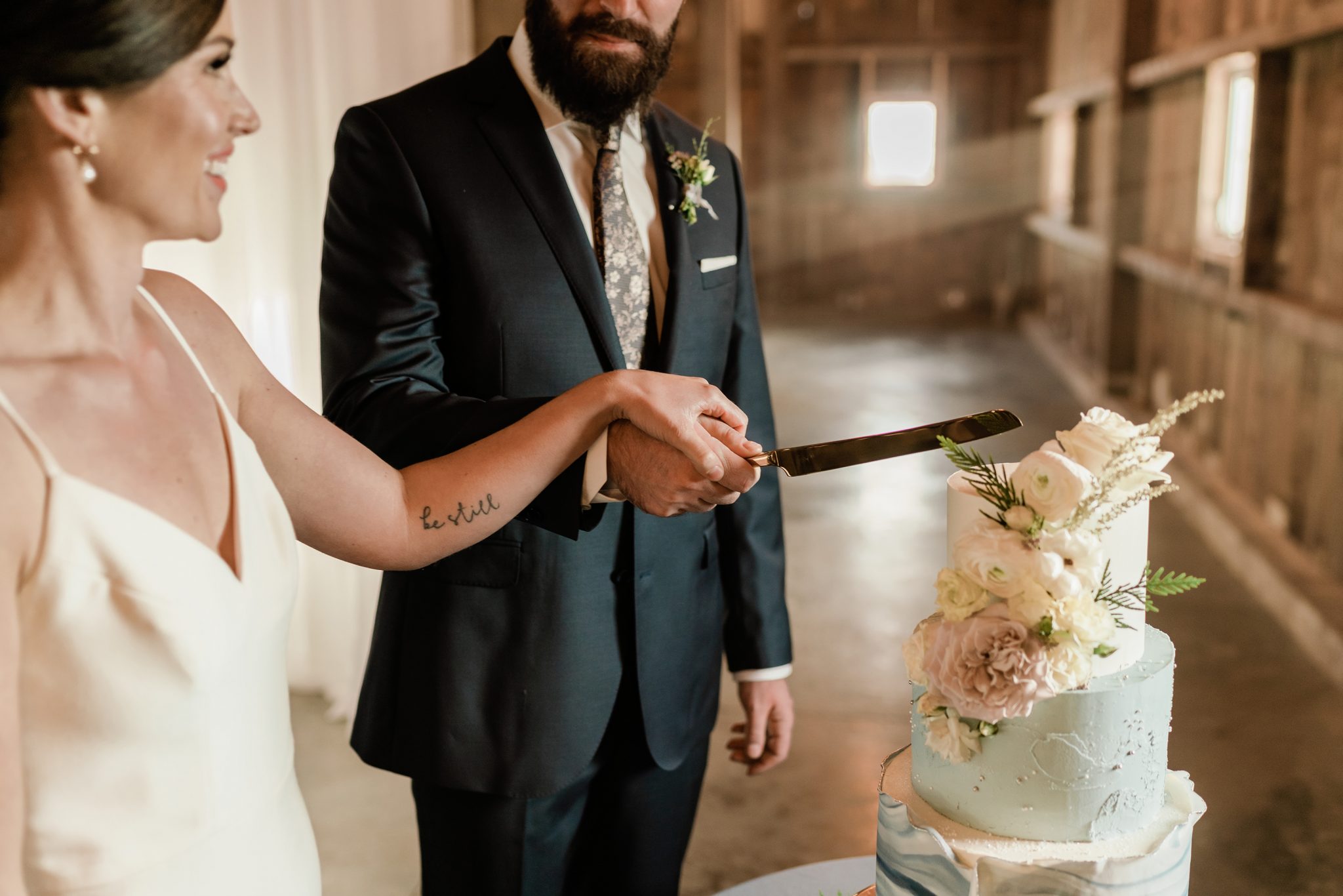 Cake Cutting - on the Brontë Bride Blog, Blue Wedding Cake, Marbled Wedding Cake, Florals on Wedding Cake