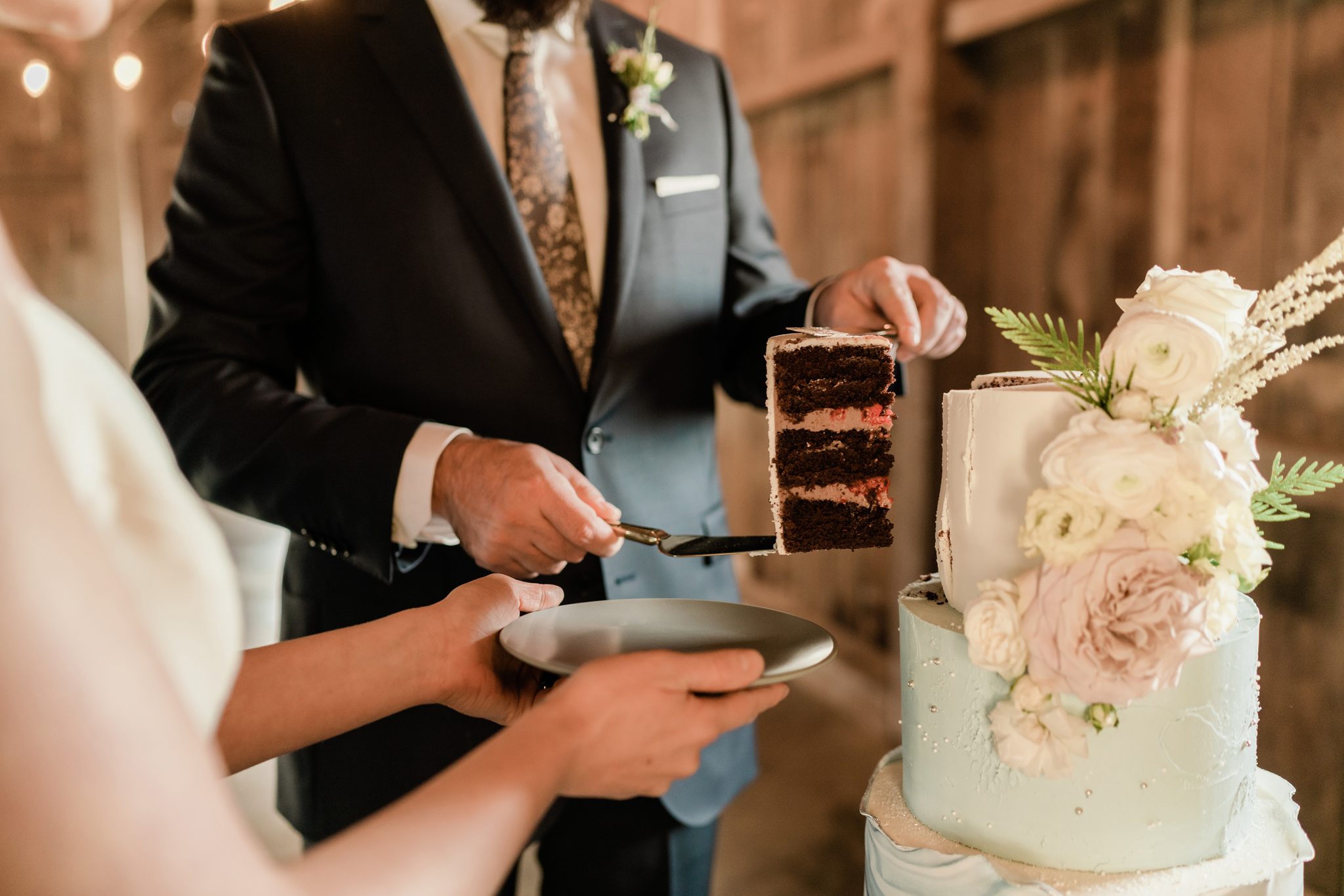 Layered Wedding Cake - on the Brontë Bride Blog, Blue Wedding Cake, Flowers on Wedding Cake