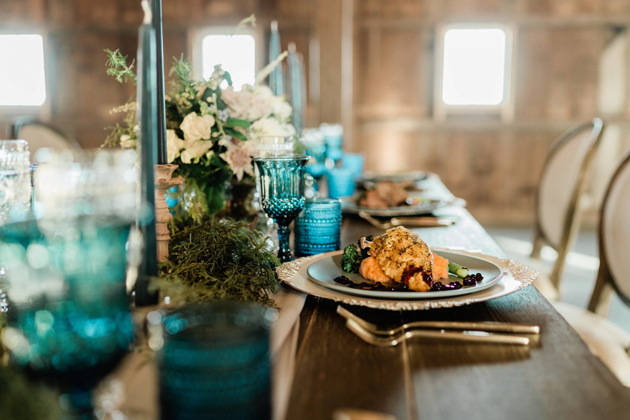 Wedding Reception Inspiration - on the Brontë Bride Blog, Groom's Shoes, Wedding Menu, Chicken Dinner, Blue and Gold Reception Decor