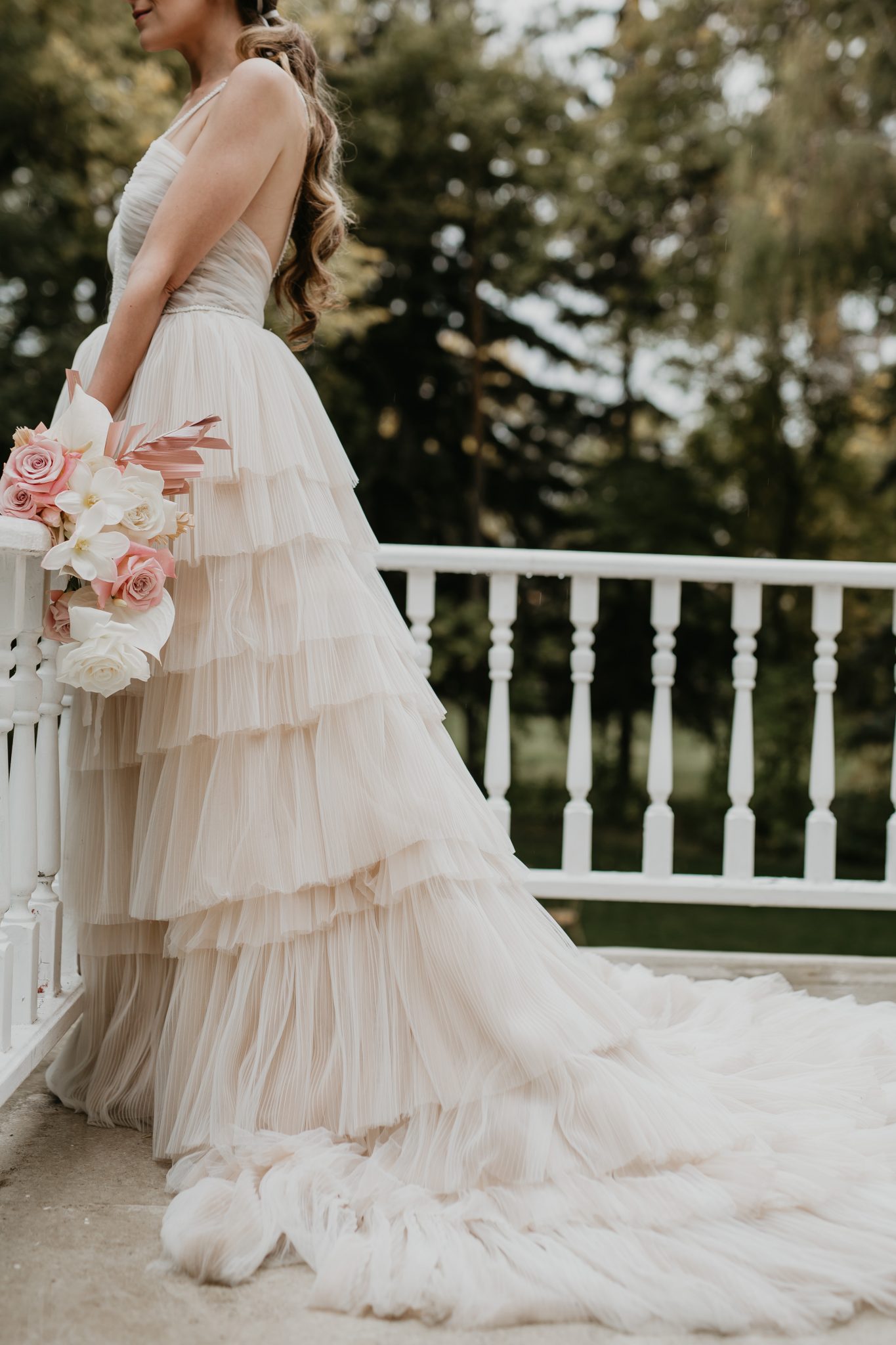 blush bridal bouquet, ruffled wedding dress, blush wedding inpsiration