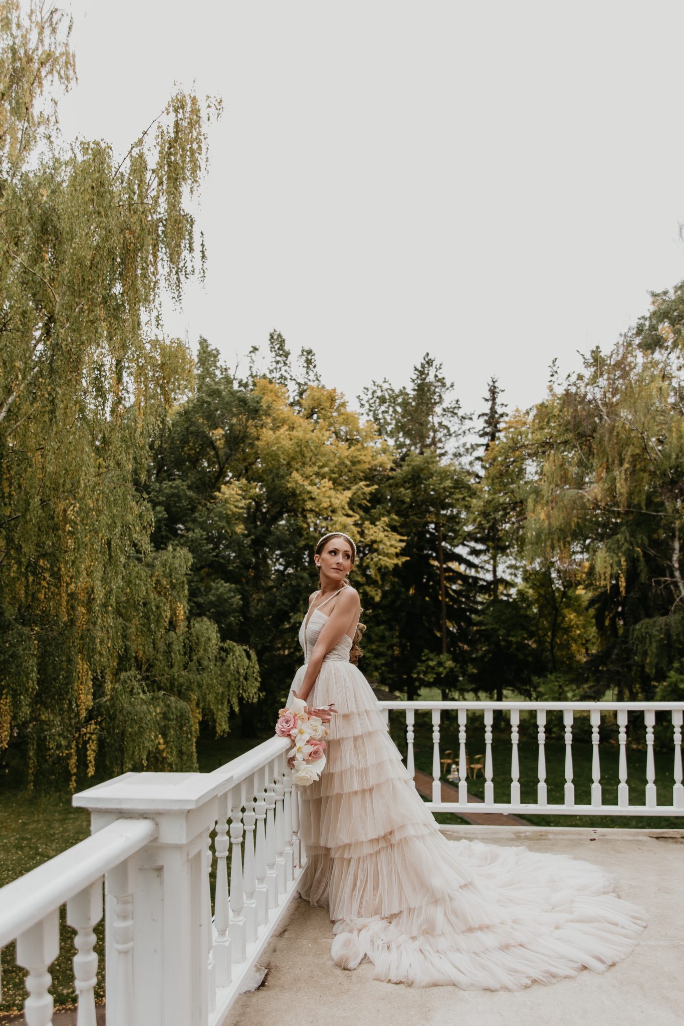 Modern Blush on Blush Wedding Inspiration with a Ruffled Gown to Die For, wedding dress, bridal bouquet, ponytail 