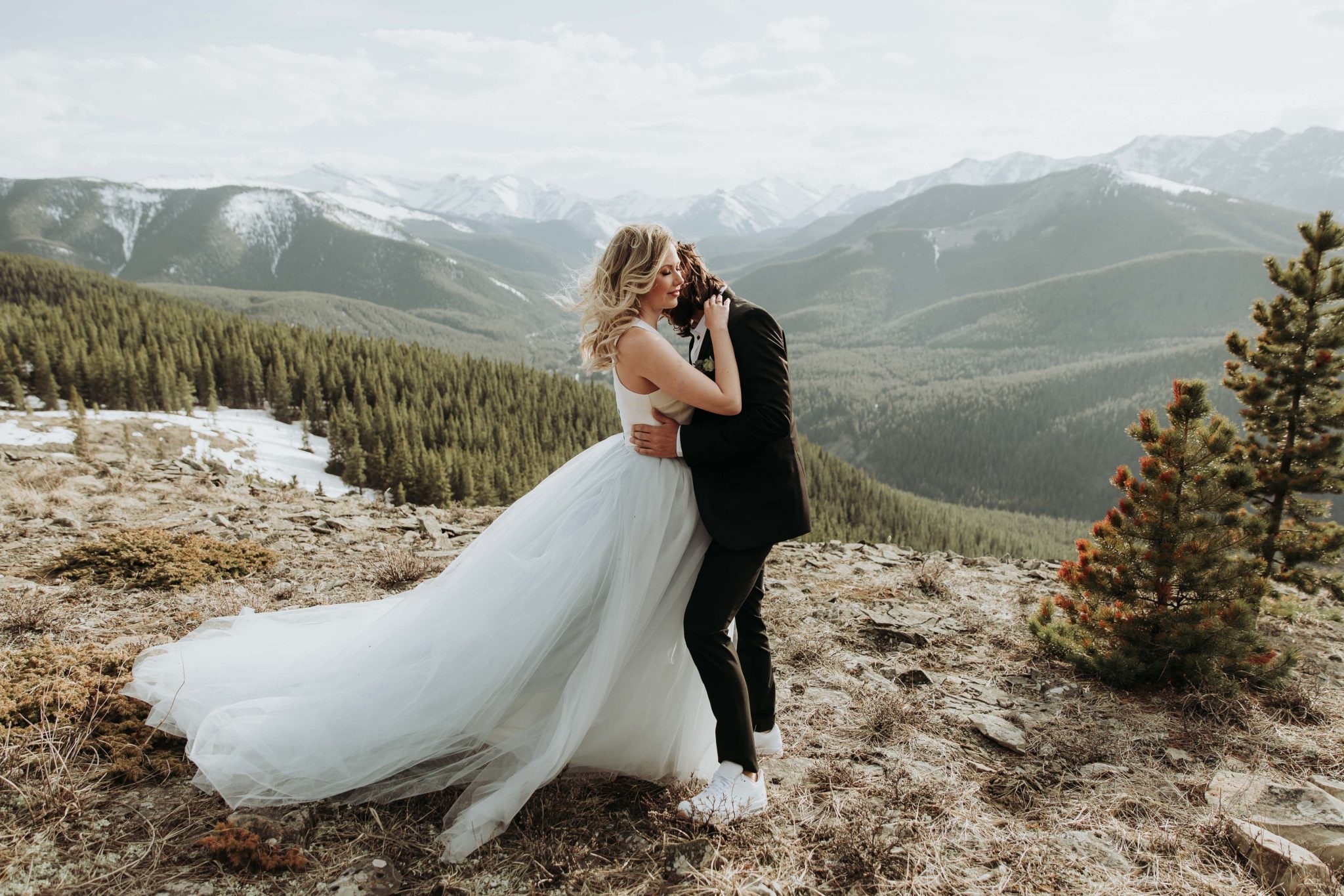 Romantic Bridal Gown for Mountainous Adventure Session featuring Contemporary Attire & Alberta Views Featured on Bronte Bridë