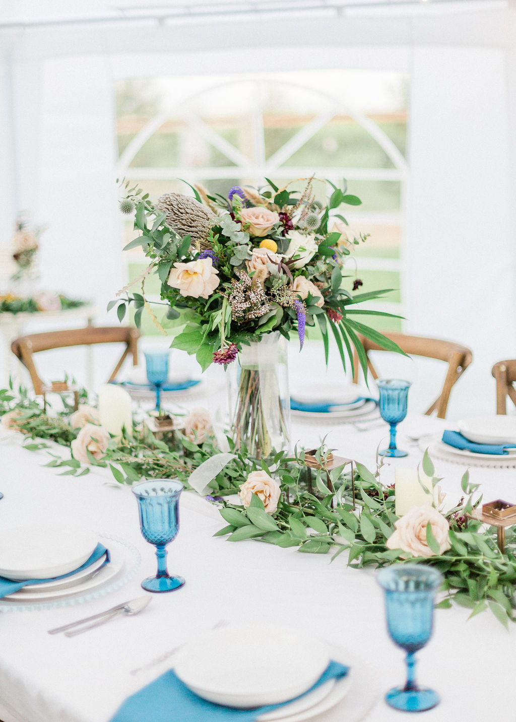 Intimate wild flower wedding - tablescape, blue details