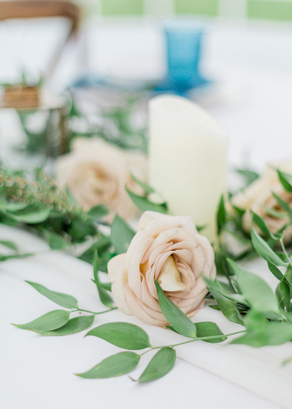 Intimate wild flower wedding - tablescape, blush roses, greenery
