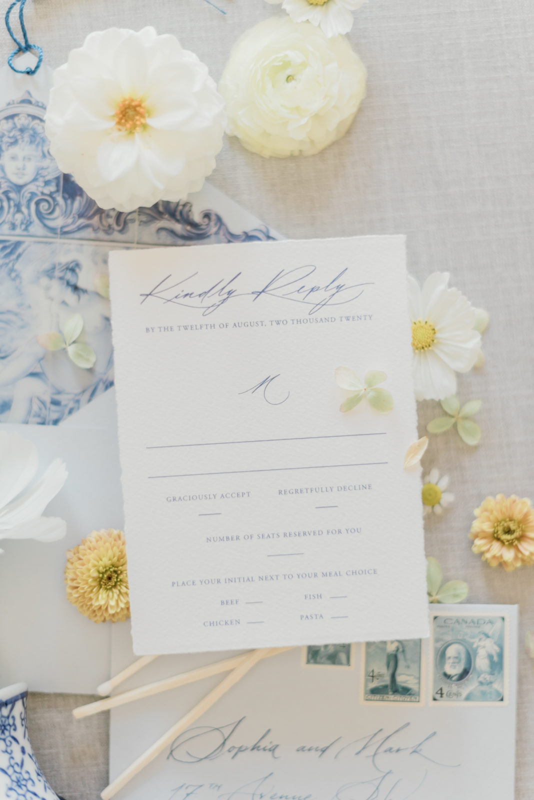Portugal inspired wedding stationery, yellow accents, blue wedding