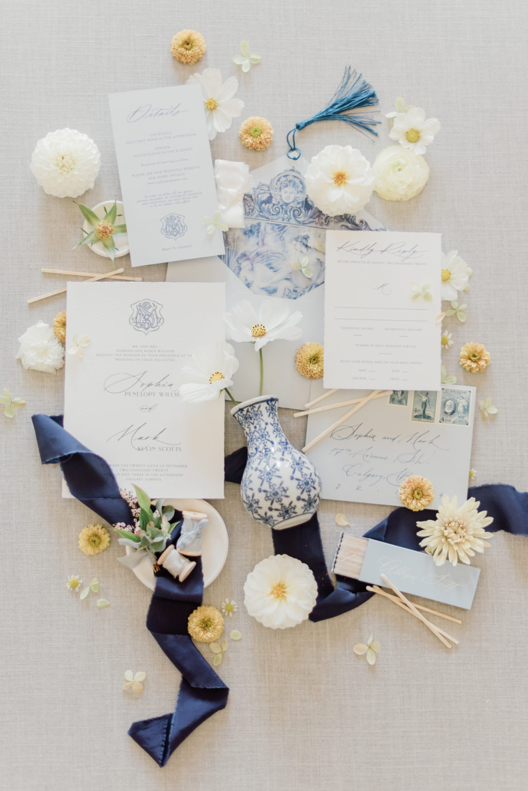 Pantone Colours of The Year In this Gorgeous Portugal-Inspired Wedding Editorial Featured by Brontë Bride, wedding stationery, blue and yellow accents