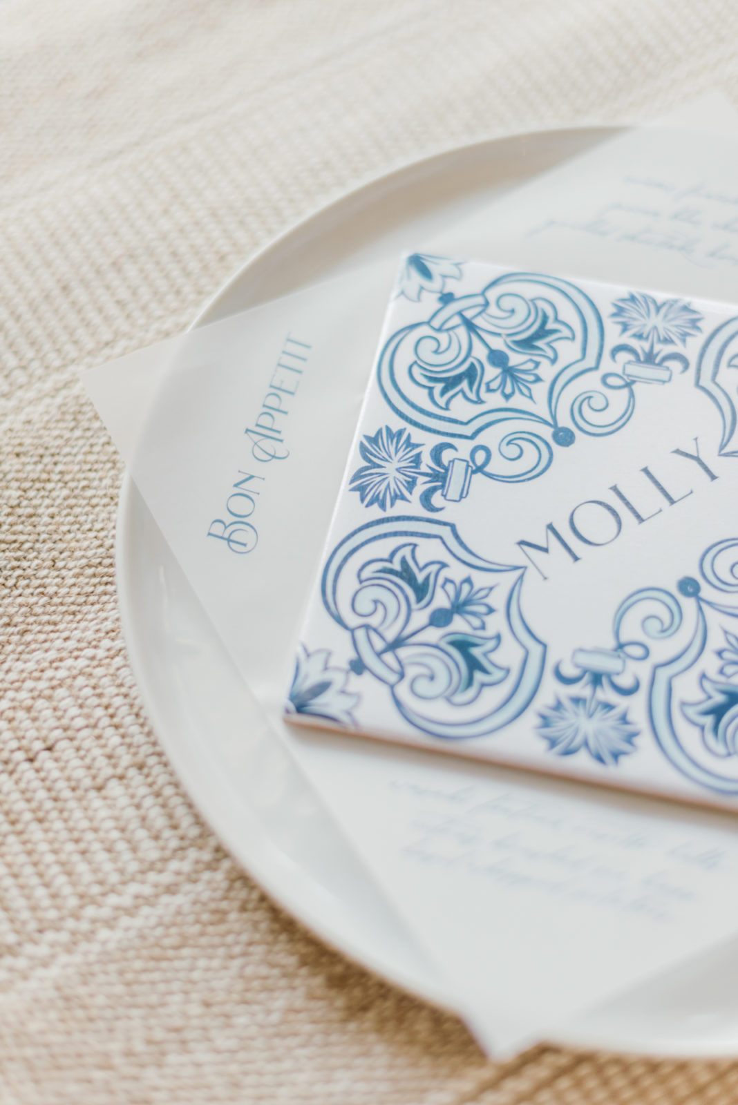 Azure tiles as seating cards, Portugal inspired wedding