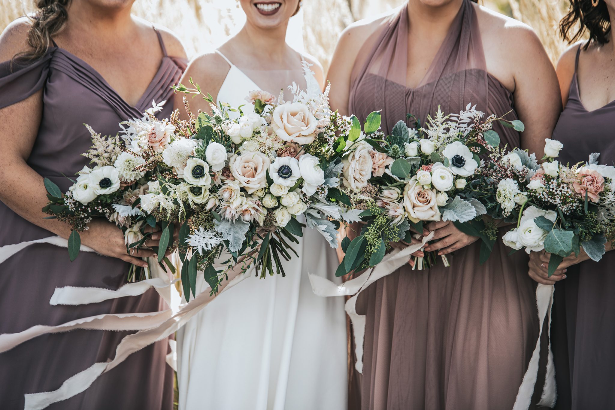Modern bridal bouquets, blush roses, bouquet ribbon