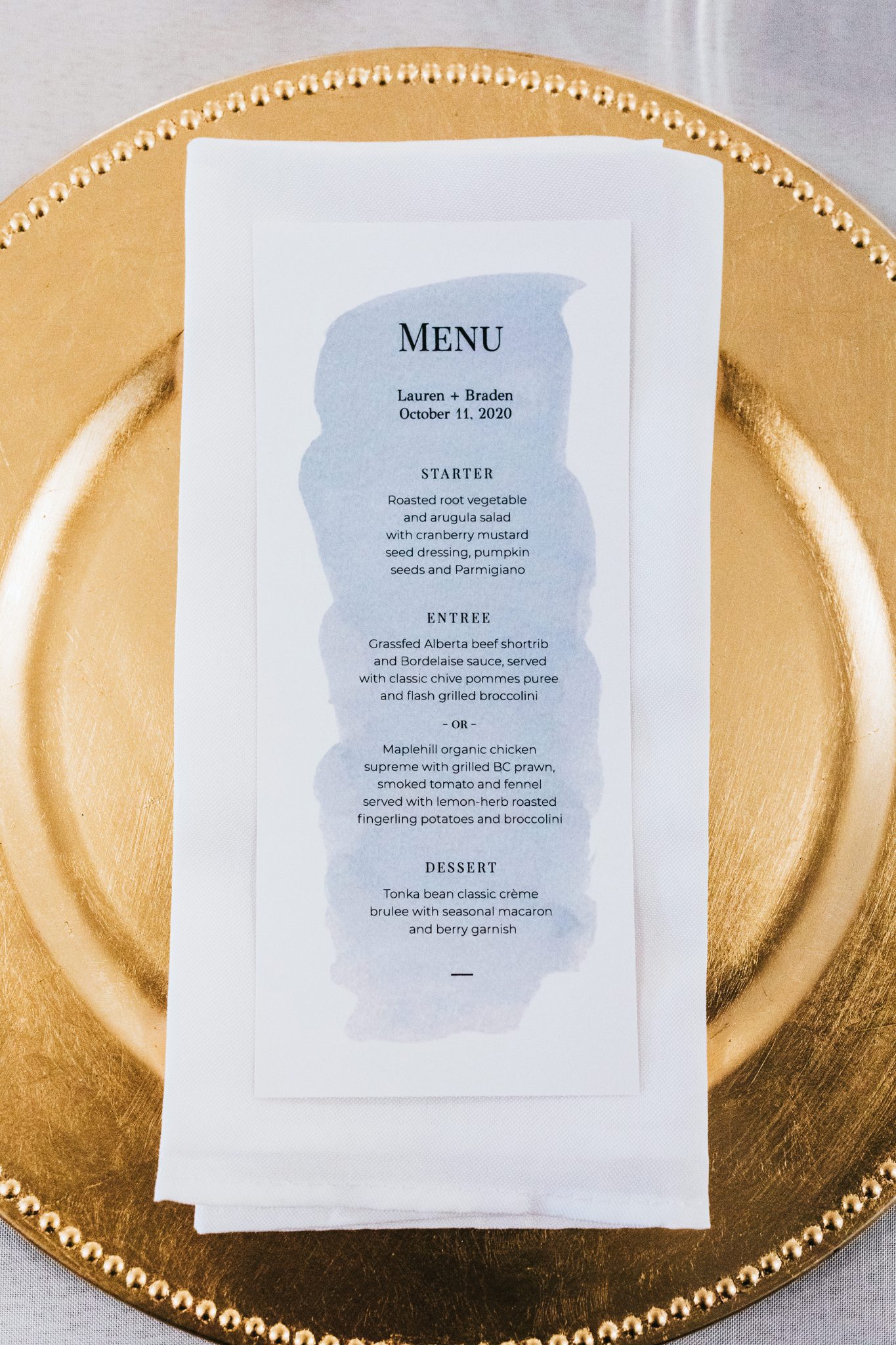 This Couple Decided To Split Up Their Celebrations with A Double-Header Wedding at Venue 308 Featured on Brontë Bride, wedding menu, charger plate