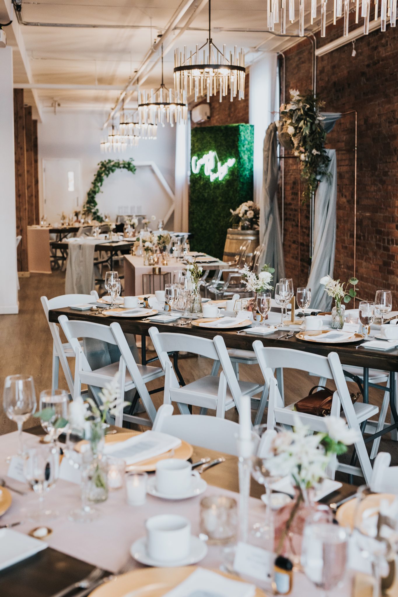 This Couple Decided To Split Up Their Celebrations with A Double-Header Wedding at Venue 308 Featured on Brontë Bride, tablescape, white chairs