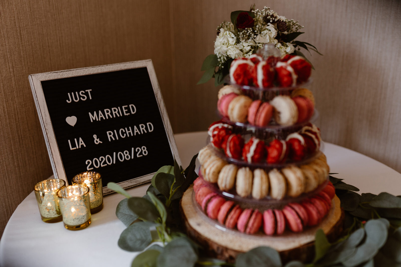 Downsized Covid 19 wedding at Chateau Lake Louise - macarons, burgundy wedding