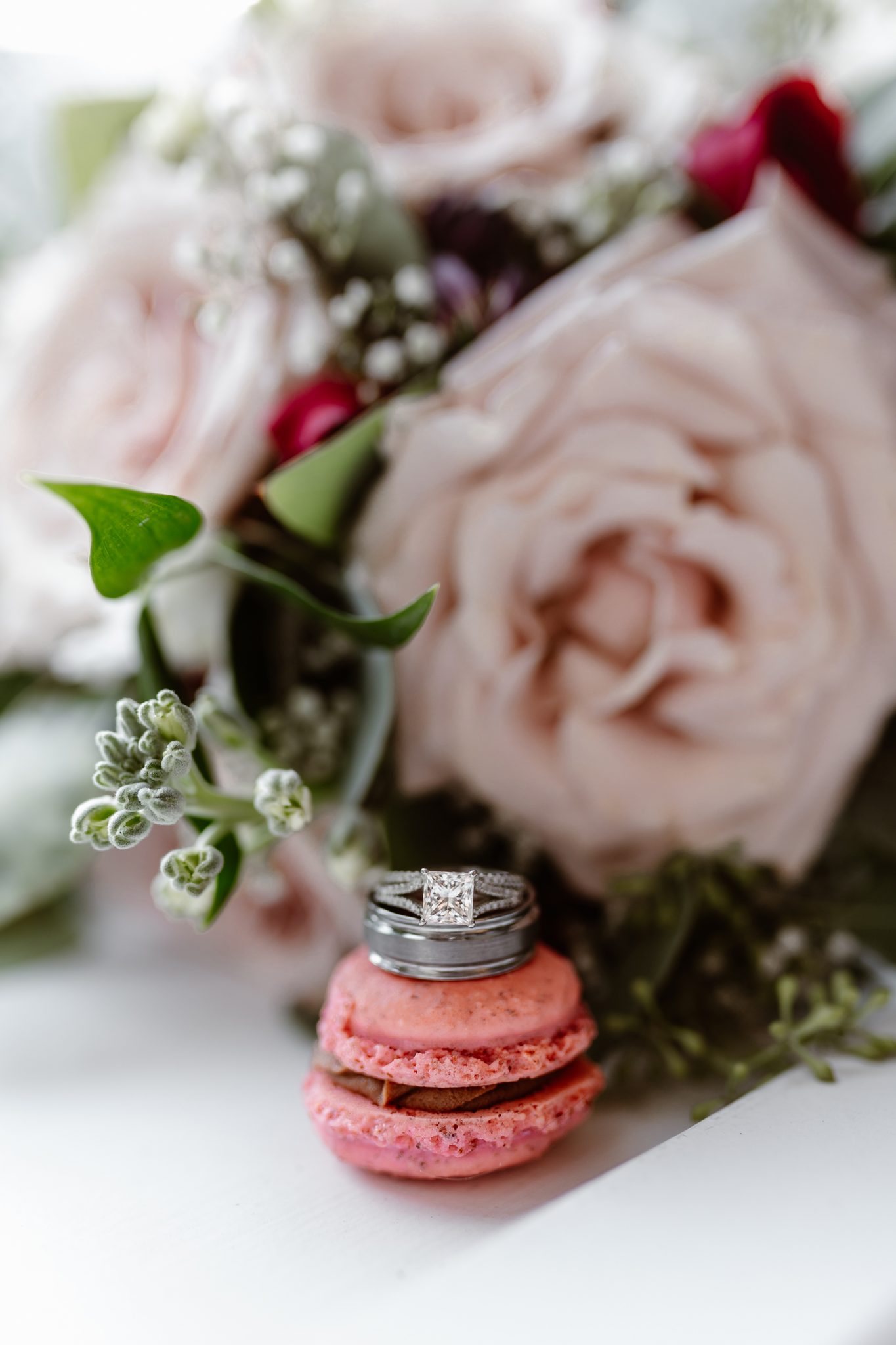 Downsized Covid 19 wedding at Chateau Lake Louise - macarons, wedding desserts, engagement ring