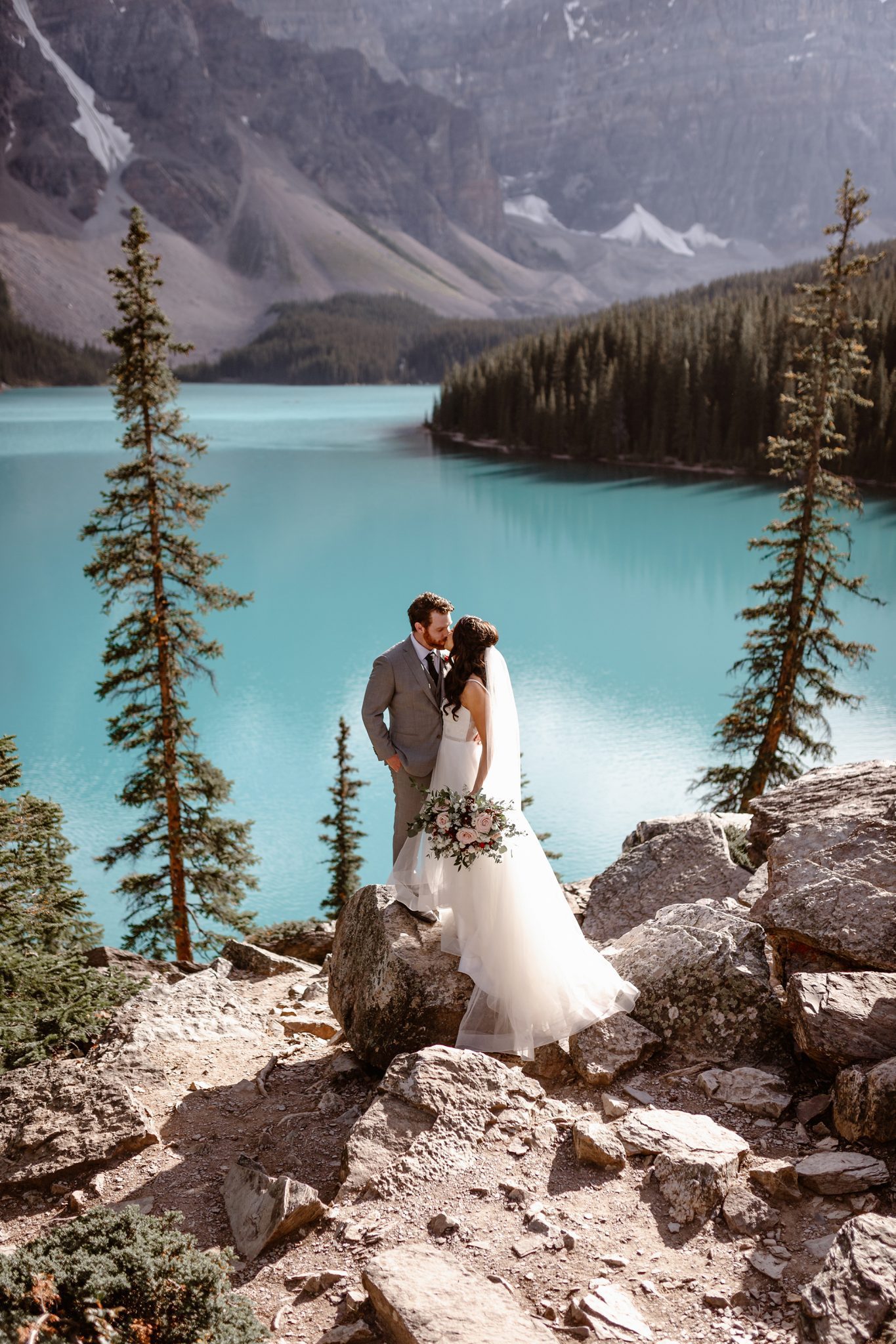 Downsized Covid 19 wedding in the Rocky Mountains - moraine lake, rocky mountain wedding, bridal style
