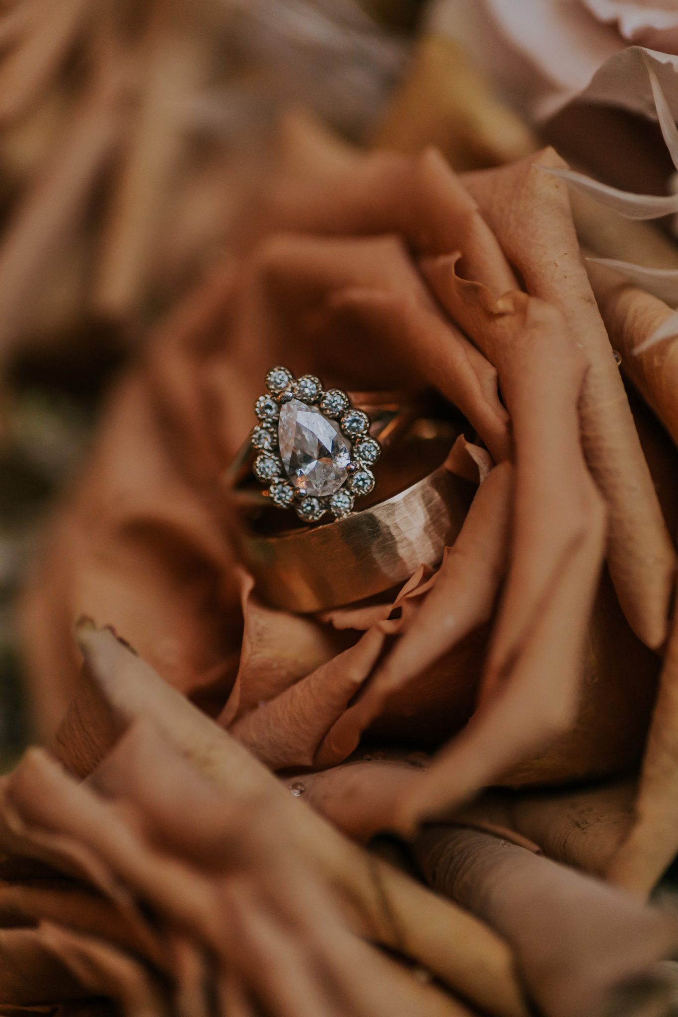 Romantic Covid wedding, engagement ring, wedding rings