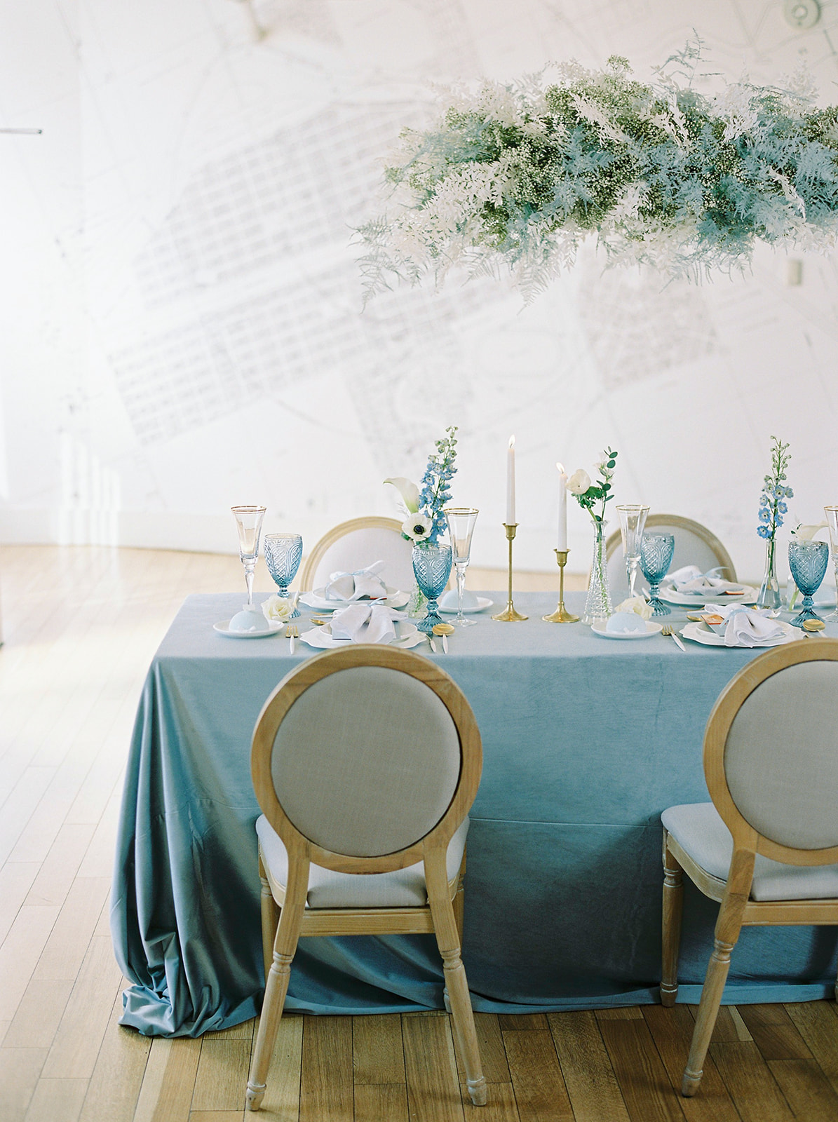 Wedding reception floral installation, blue wedding palette, Parisian inspired wedding