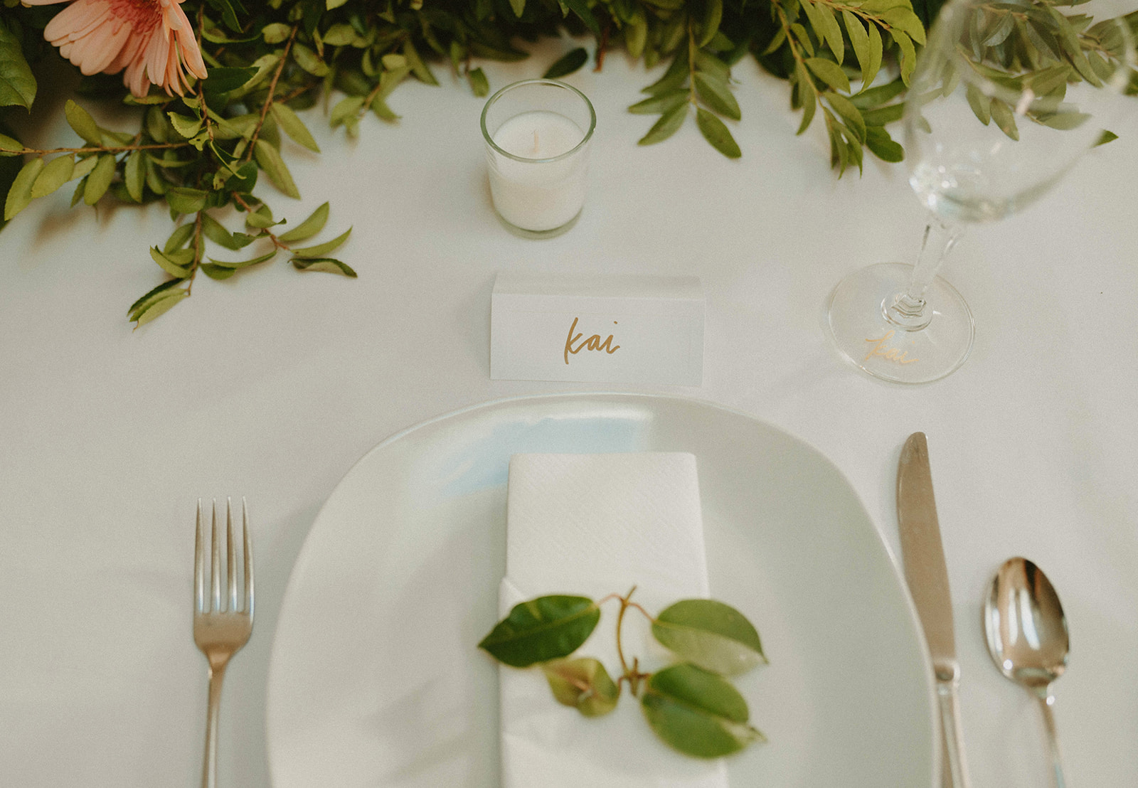 This Minimalist Micro-Wedding features a DIY Bouquet Made by the Bride Herself - tablescape, greenery, reception decor