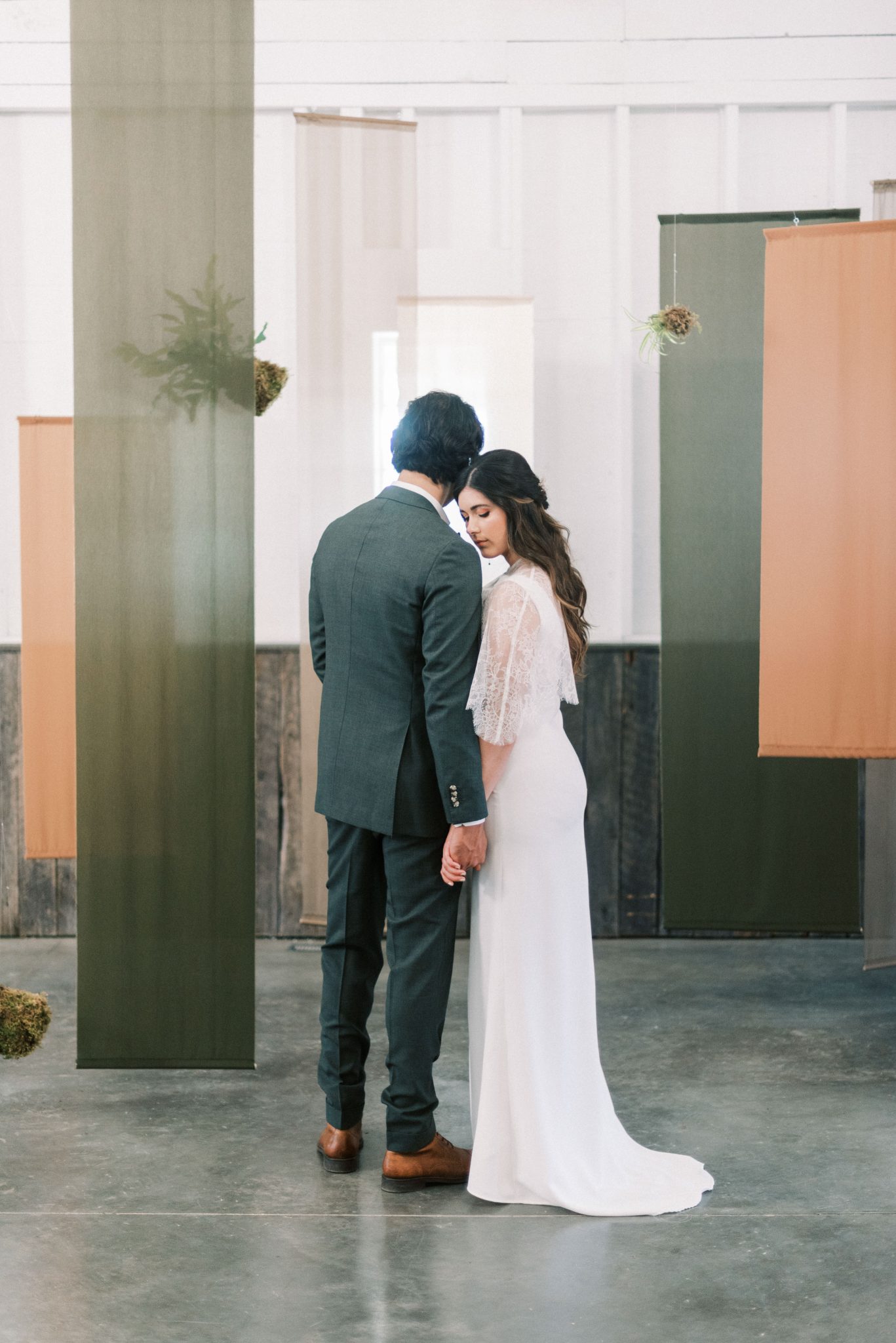 olive wedding, orange wedding, fabric installation