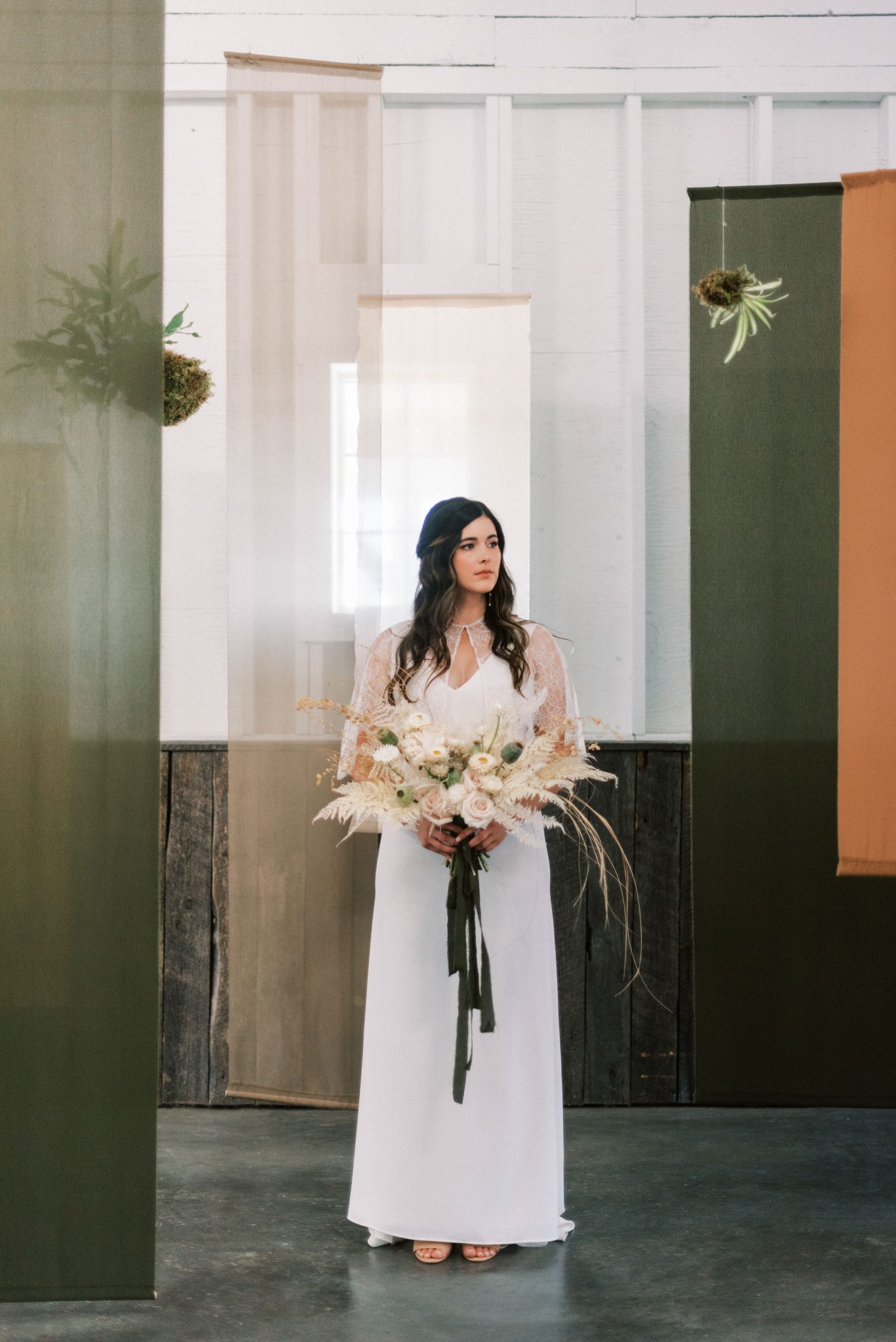 olive wedding inspiration, boho wedding dress, dried florals