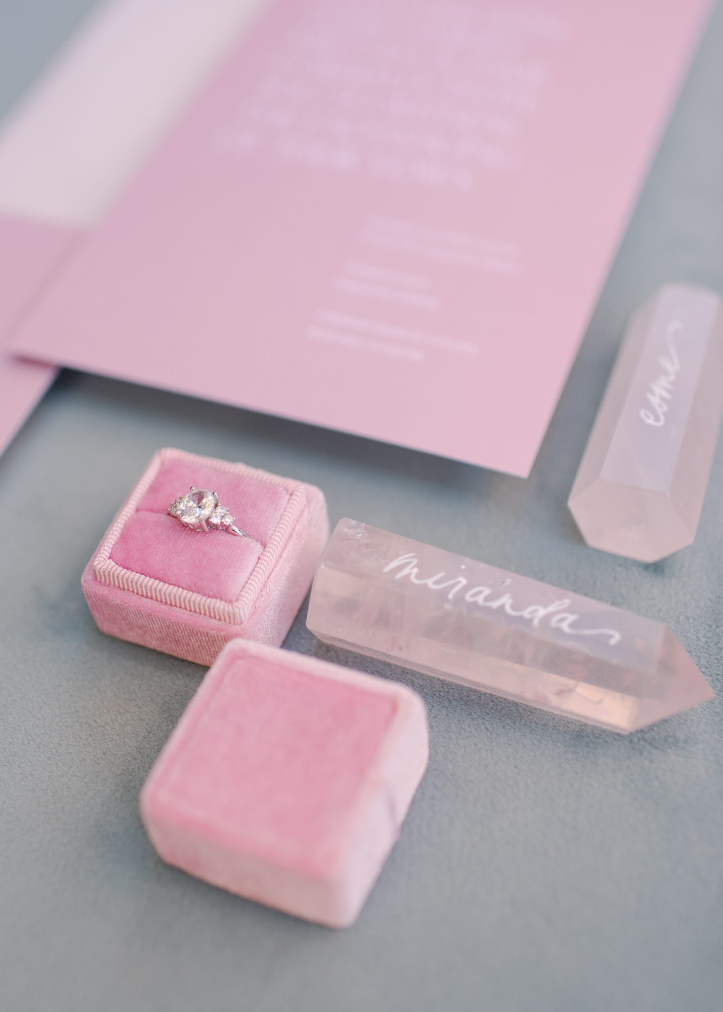 Pink elopement stationery, quartz, engagement ring