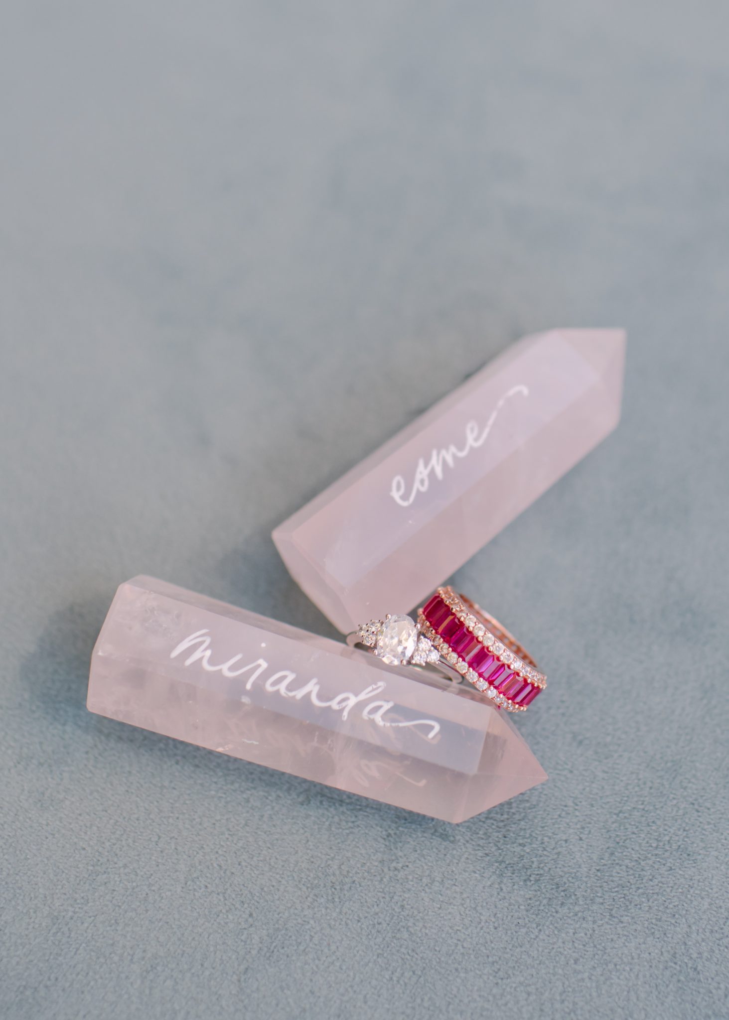 Pink elopement stationery, quartz, wedding rings