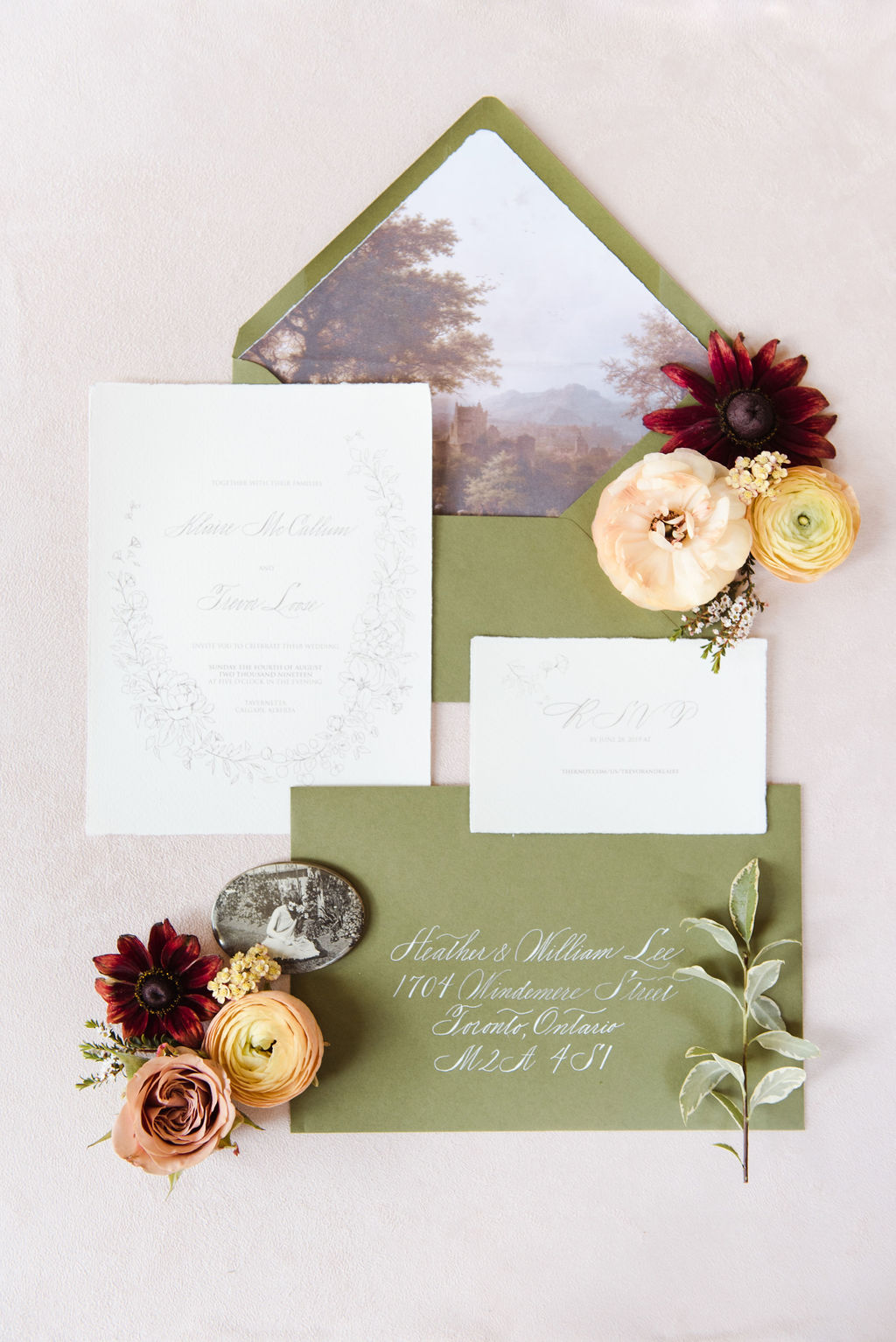 Olive wedding stationery designed by Debbie Wong designs styled with tangerine and blush whimsical florals