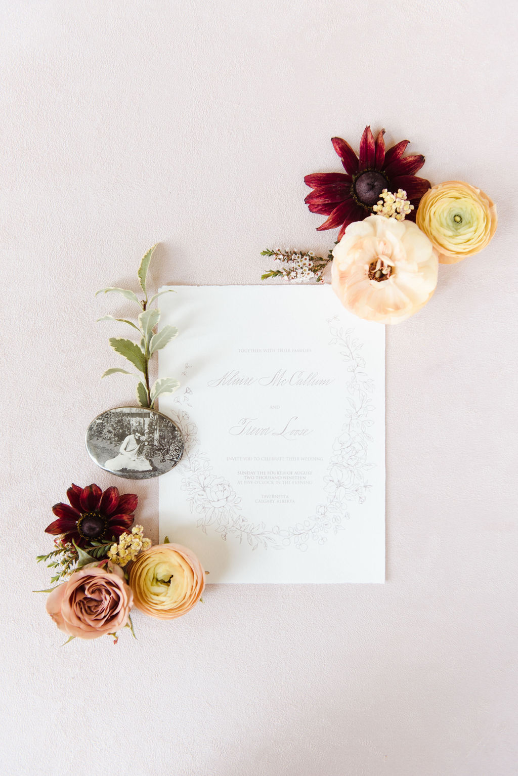 Romantic wedding stationery created by Debbie Wong designed styled with blush and tangerine florals