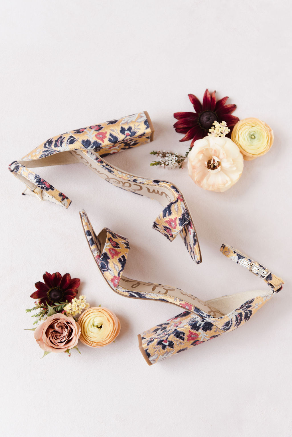 Wildflower and gold inspired high heels styled with tangerine and blush florals
