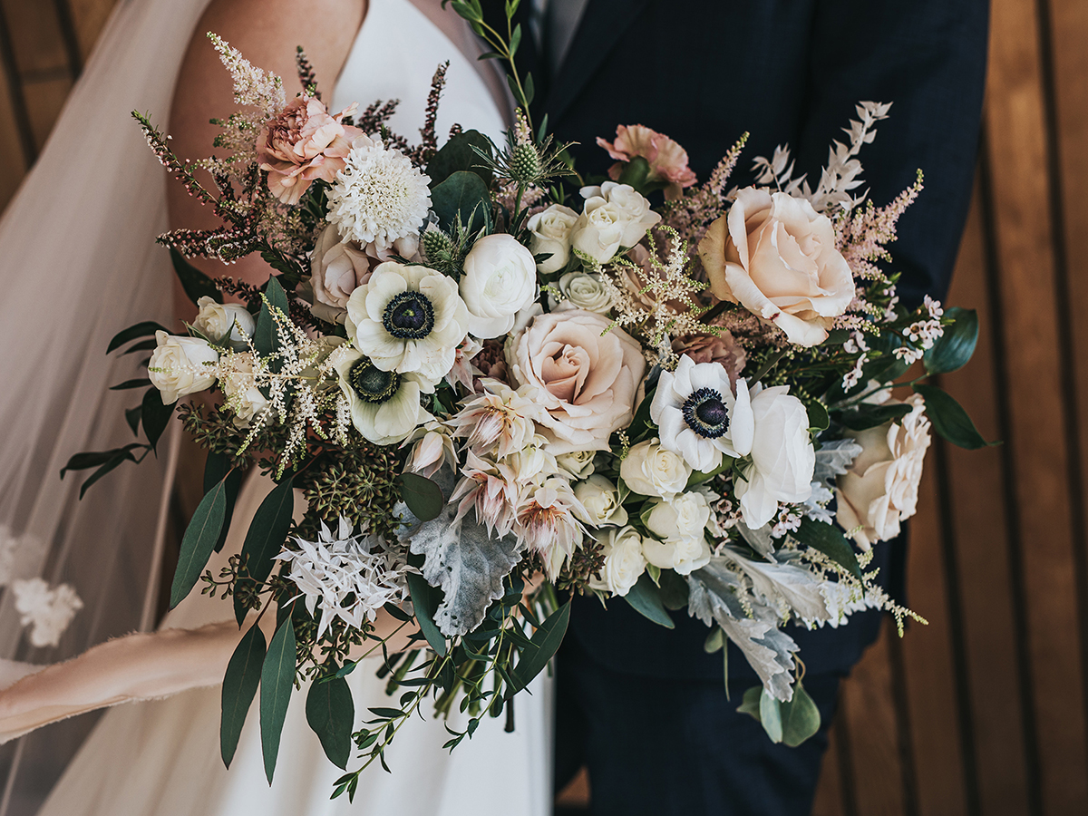  Blush wedding bouquet with Quicksand Roses, White Anemone, Blush Astilbe, Dusty Miller, Blushing Bride & Bleached Italian Ruscus Florist