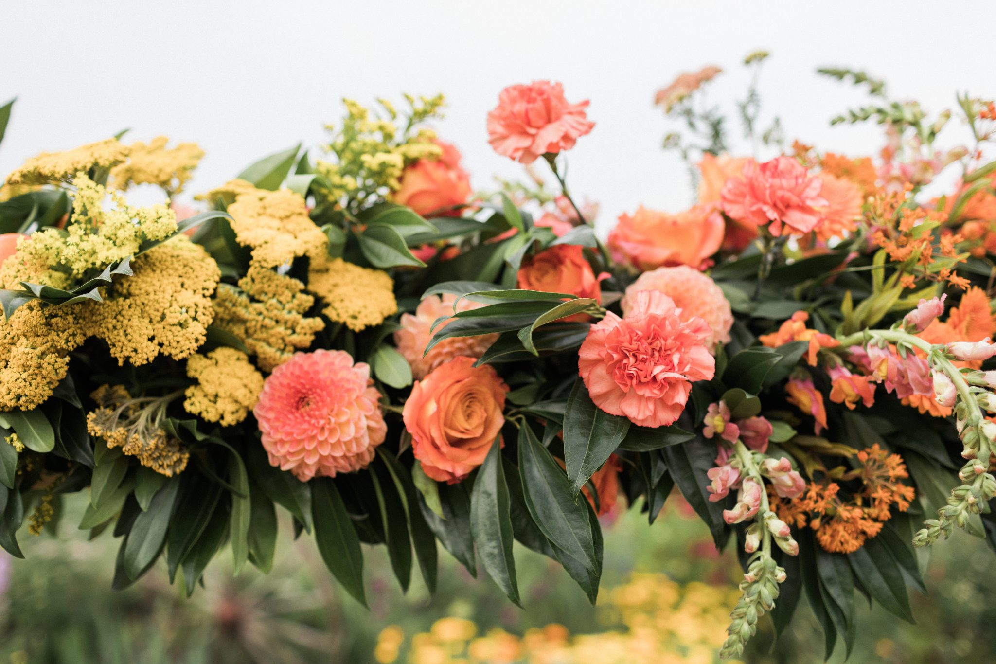 Ombre floral arch with yellow, pink and tangerine blooms