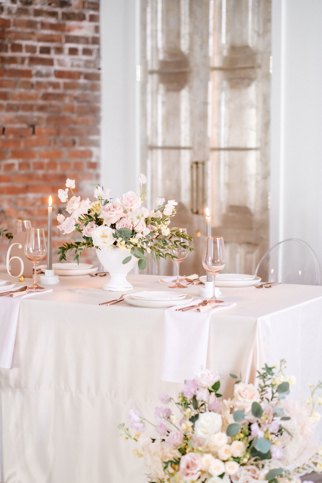 Contemporary wedding inspiration at Venue 308 in Calgary Alberta featuring pink and cream florals