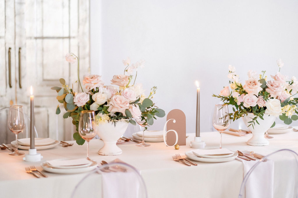 Contemporary wedding inspiration tablescape designed by Melissa Dawn Event Design featuring pink florals and a neutral colour palette