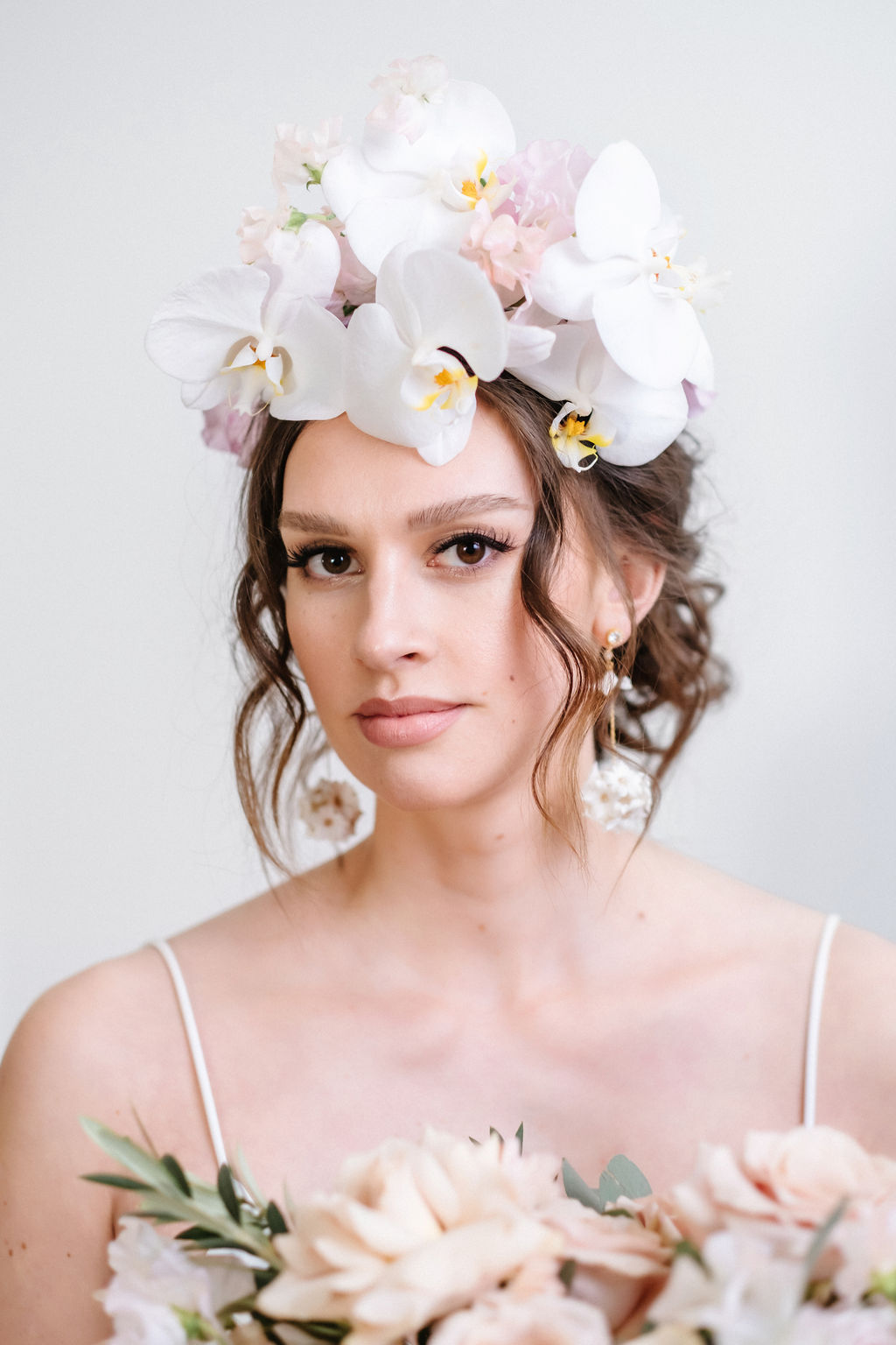 White, yellow and pink orchid floral crown by Creative Edge Flowers