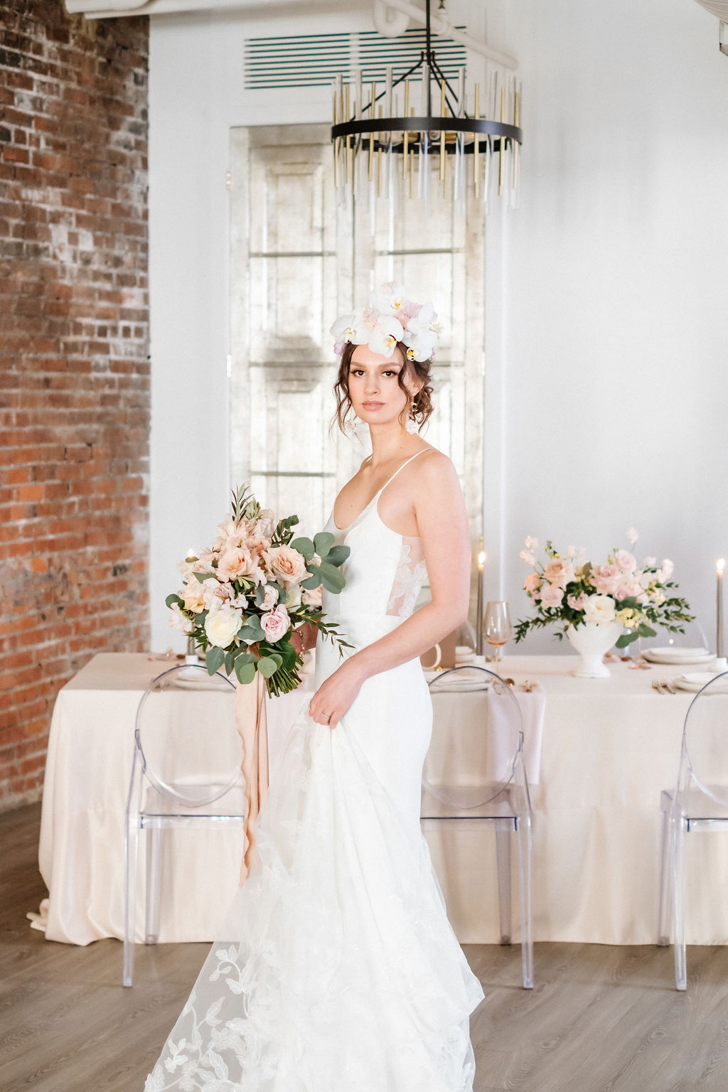 Bride poses at Venue 308 for a contemporary and modern wedding