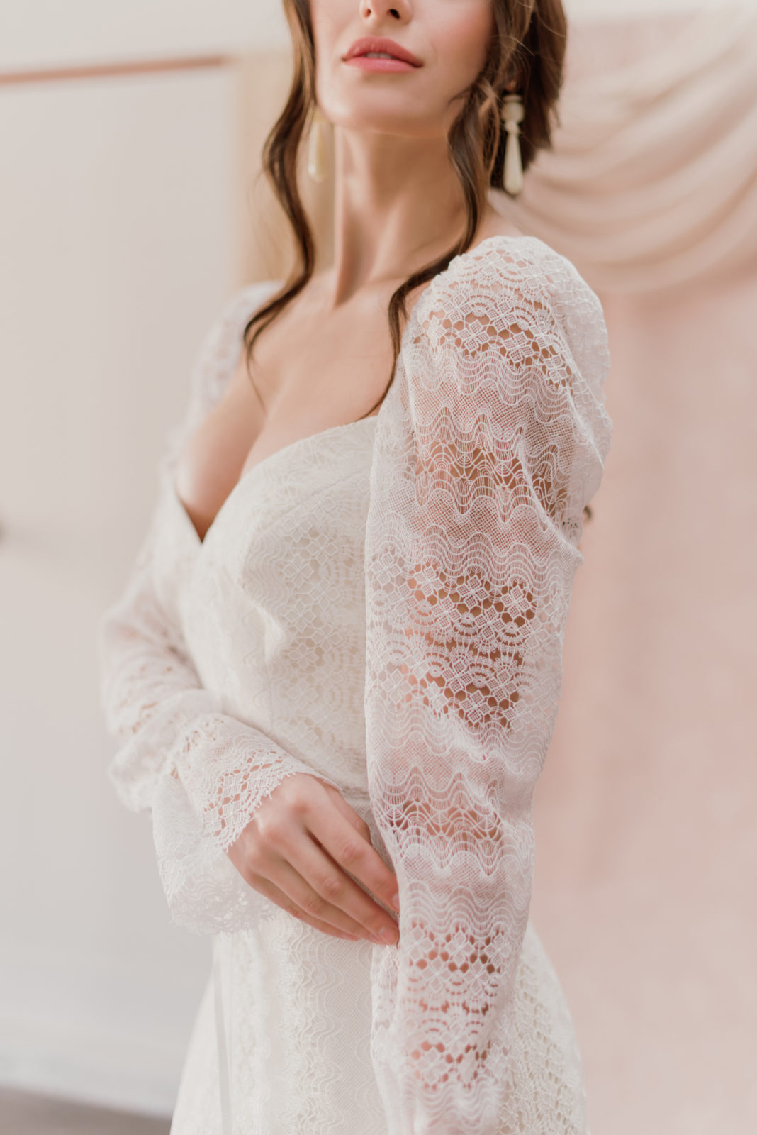 Delicate crocheted sleeve on the Barcelona wedding dress by Laudae