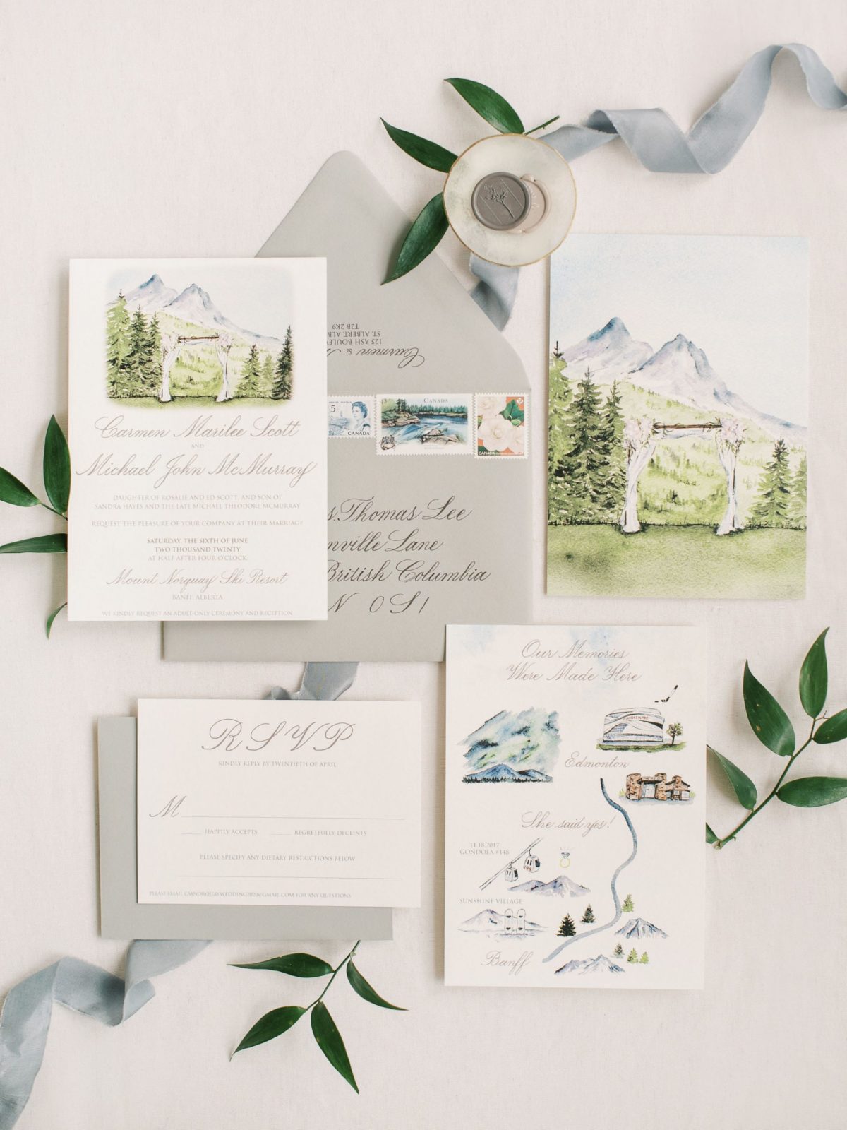 Mountain themed elopement stationery featuring blue and grey tones by Debbie Wong Designs