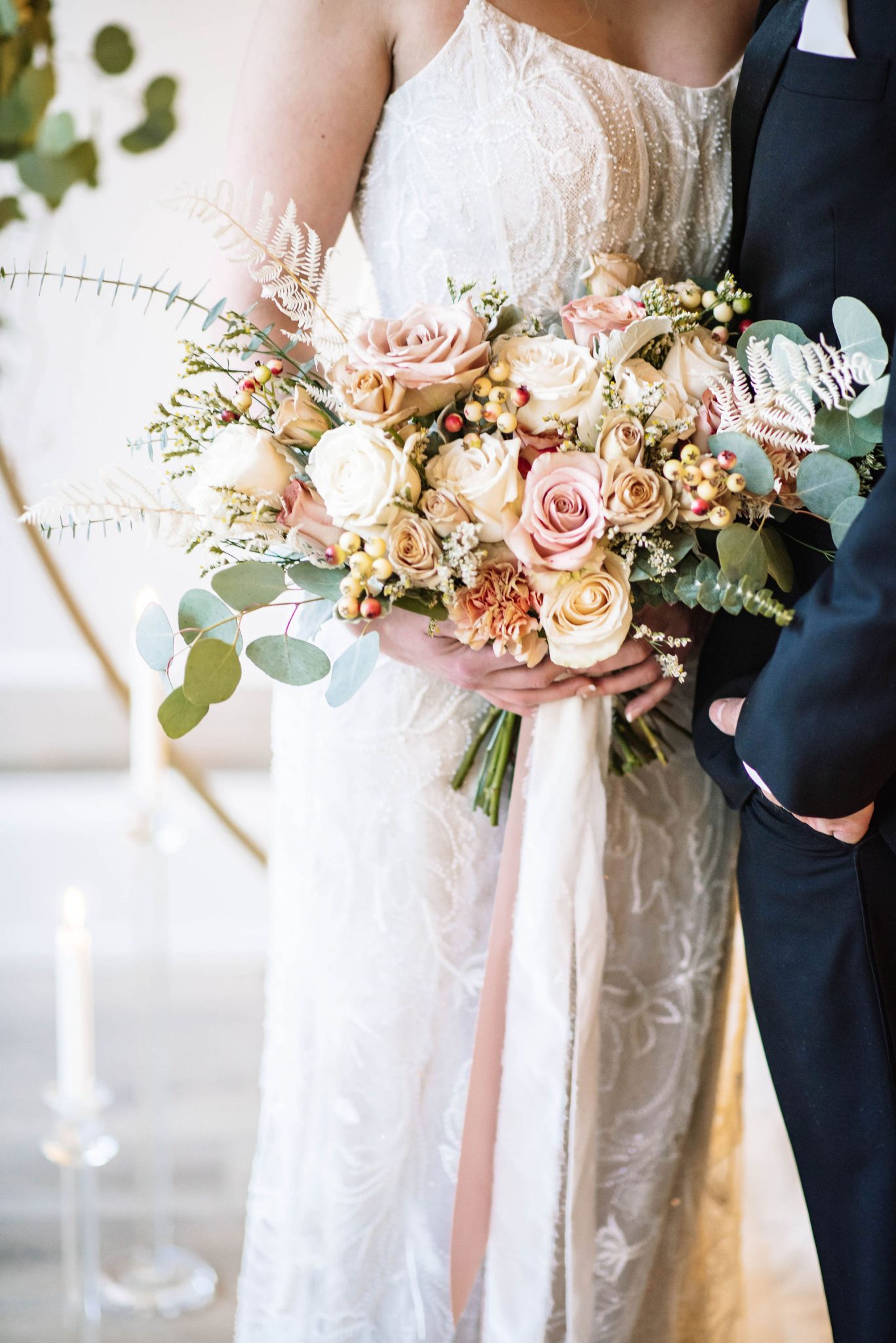 Blush bridal bouquet inspiration with antique carnations, spray roses and quicksand roses