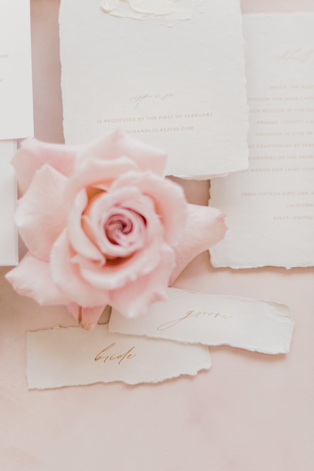 Delicate and feminine wedding stationery with a pink garden rose
