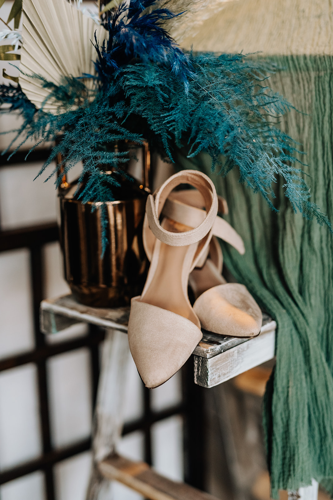 Nude wedding high heels with boho blue decor accents